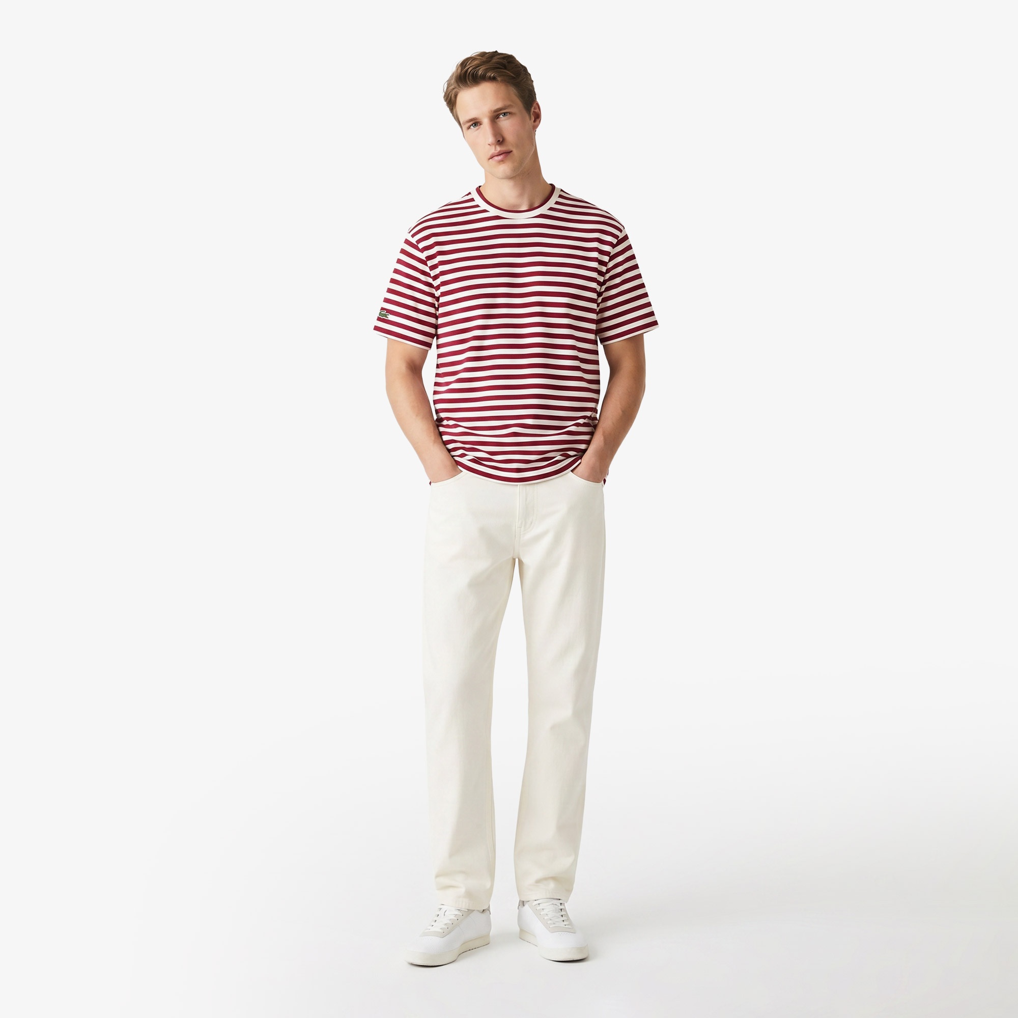 Erkek Relaxed Fit Bisiklet Yaka Çizgili Bordo T-Shirt