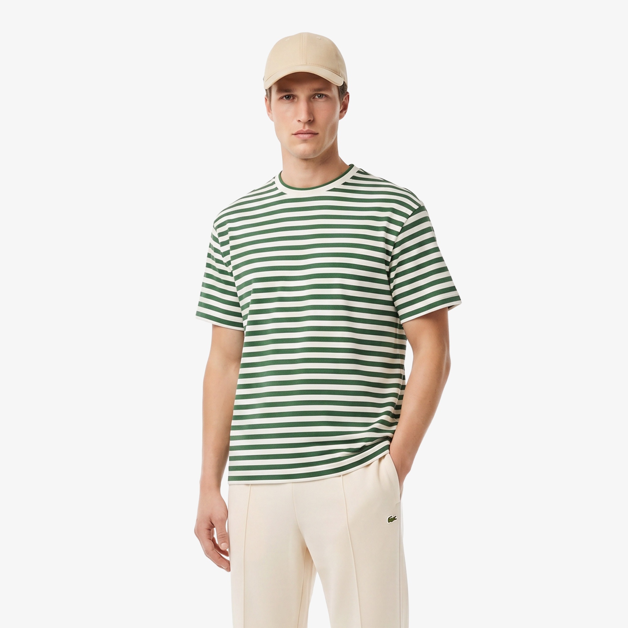 Erkek Relaxed Fit Bisiklet Yaka Çizgili Koyu Yeşil T-Shirt