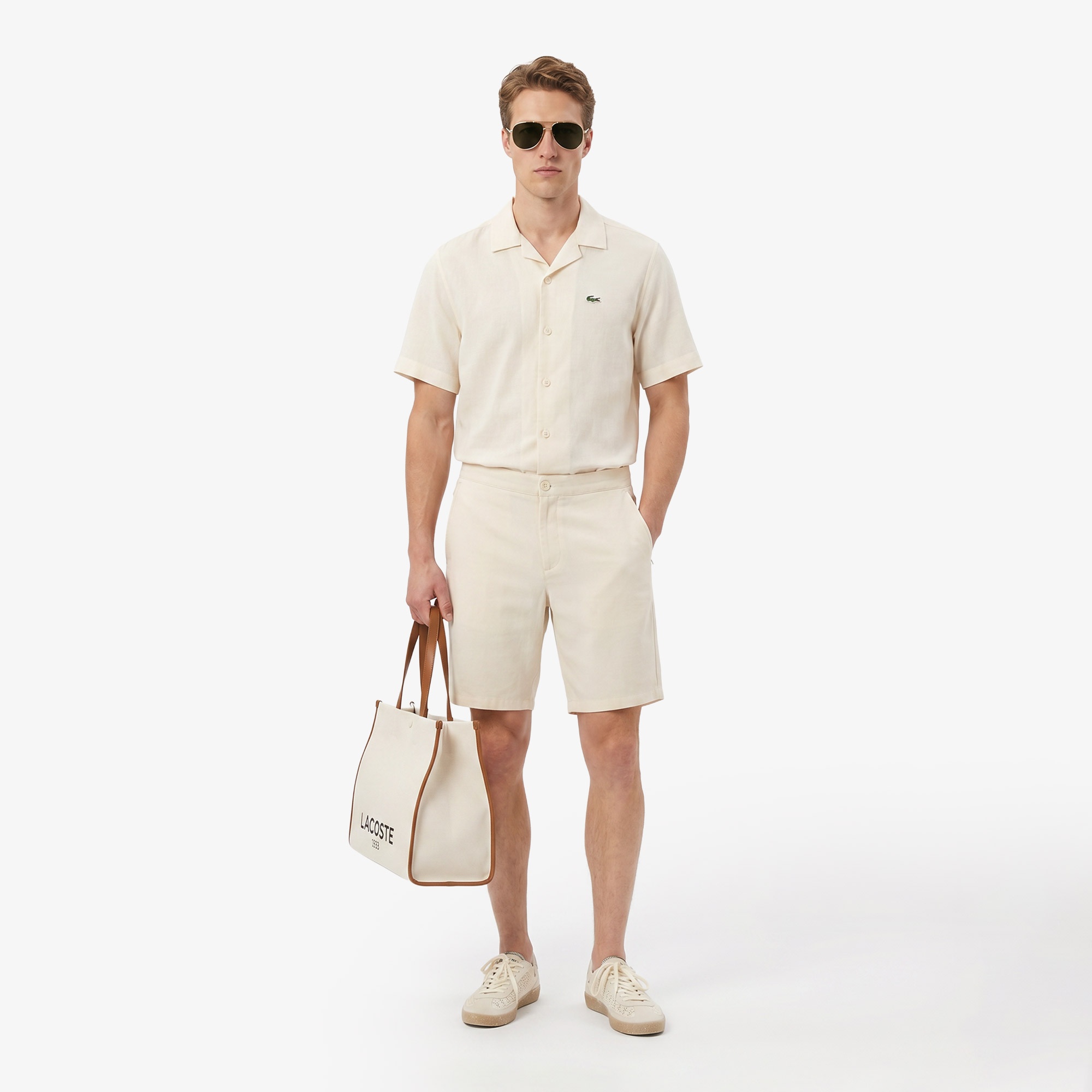 Erkek Tapered Fit Keten Bej Bermuda Şort