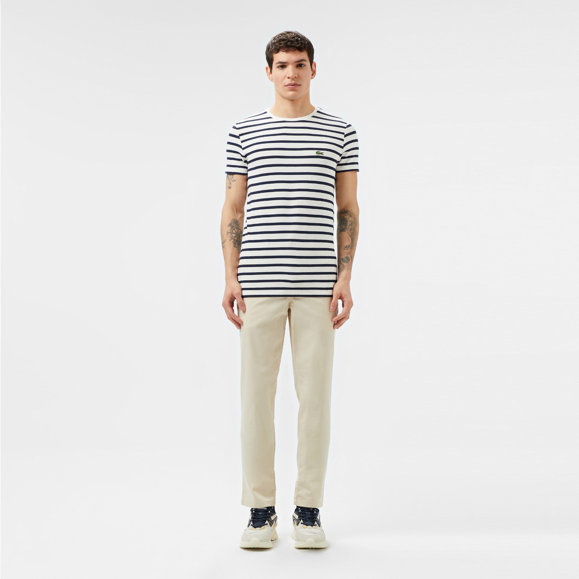 Lacoste Erkek Slim Fit Bisiklet Yaka Çizgili Beyaz T-Shirt görsel 5