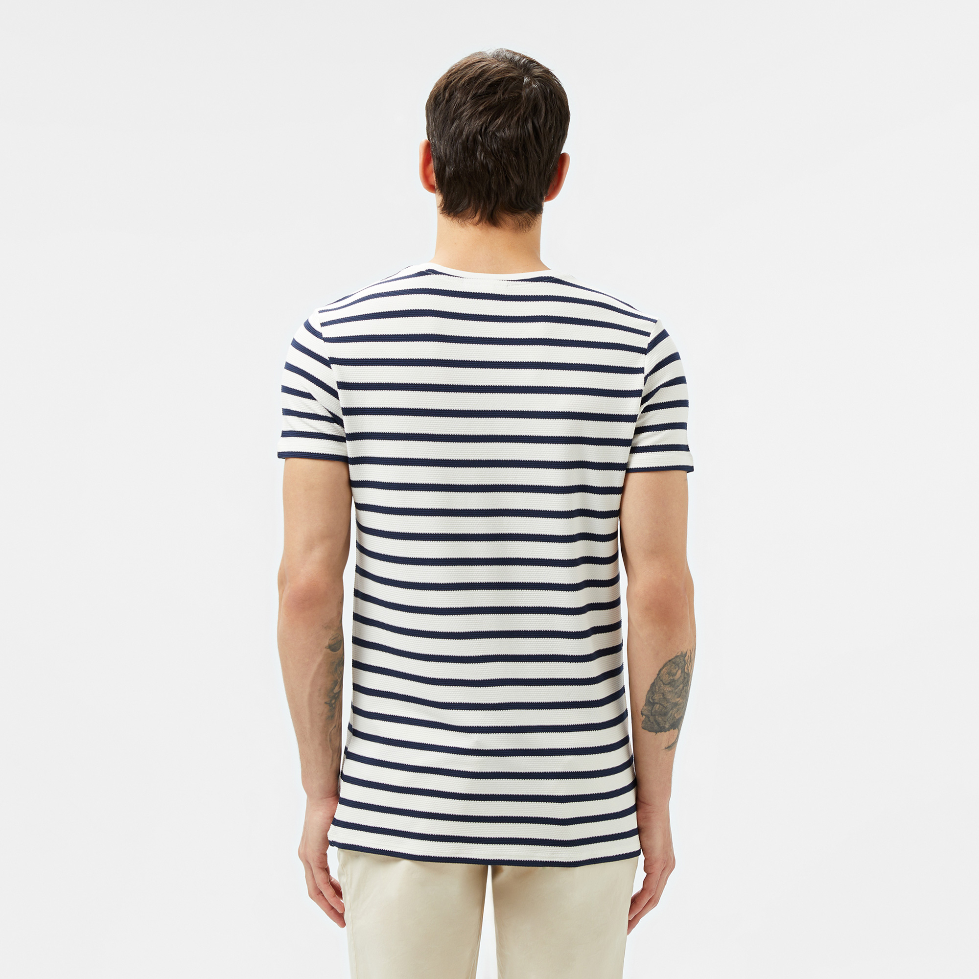 Lacoste Erkek Slim Fit Bisiklet Yaka Çizgili Beyaz T-Shirt görsel 4