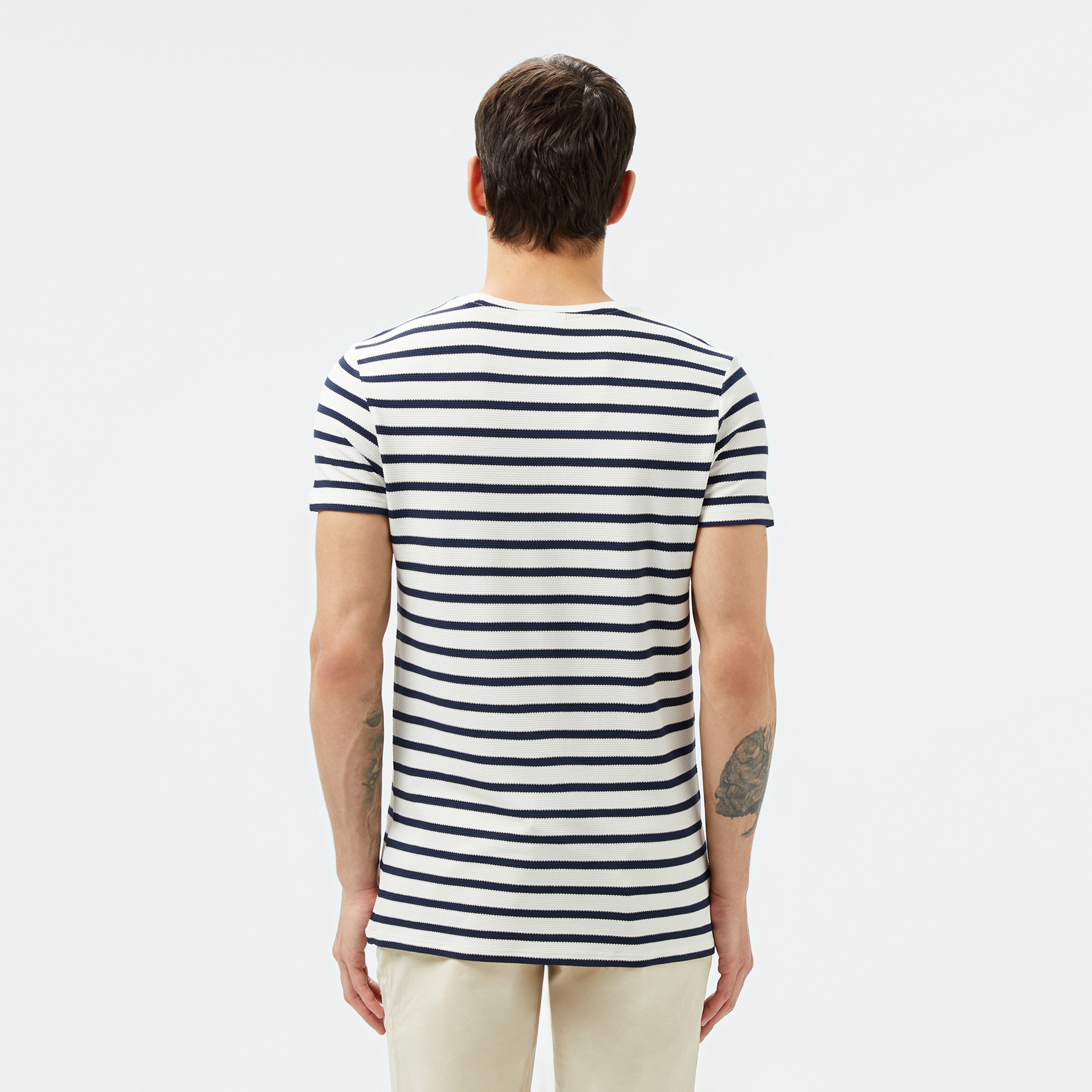Erkek Slim Fit Bisiklet Yaka Çizgili Beyaz T-Shirt