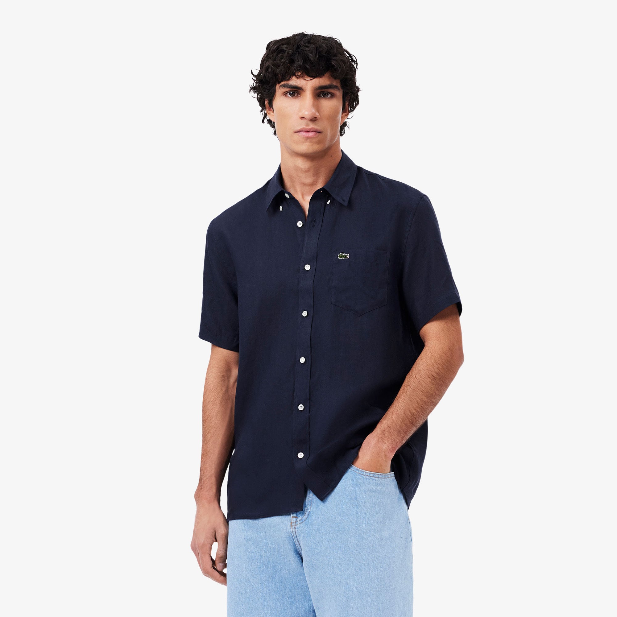 Lacoste Erkek Regular Fit Kısa Kollu Düğmeli Yaka Keten Lacivert Gömlek