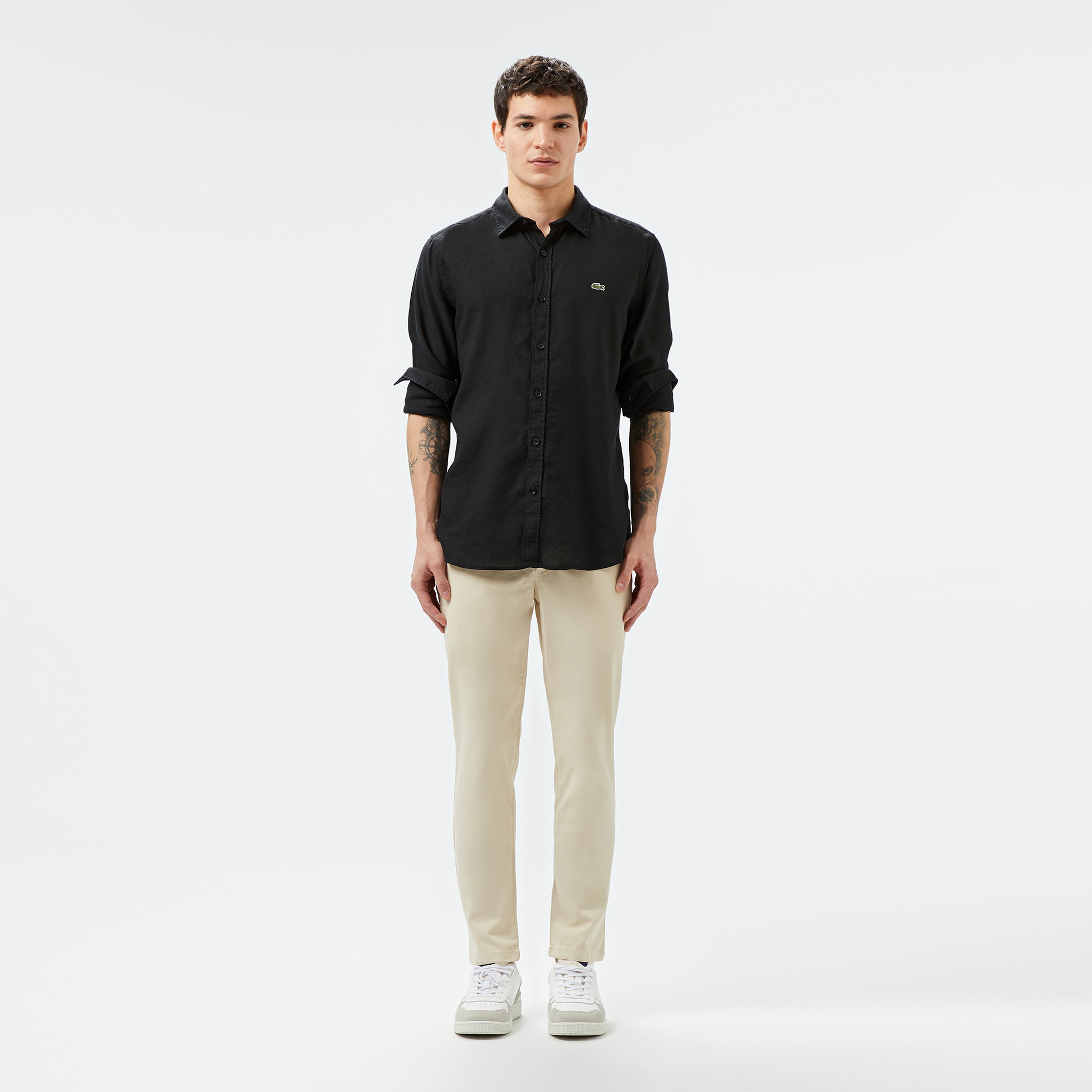 Erkek Slim Fit Keten Siyah Gömlek