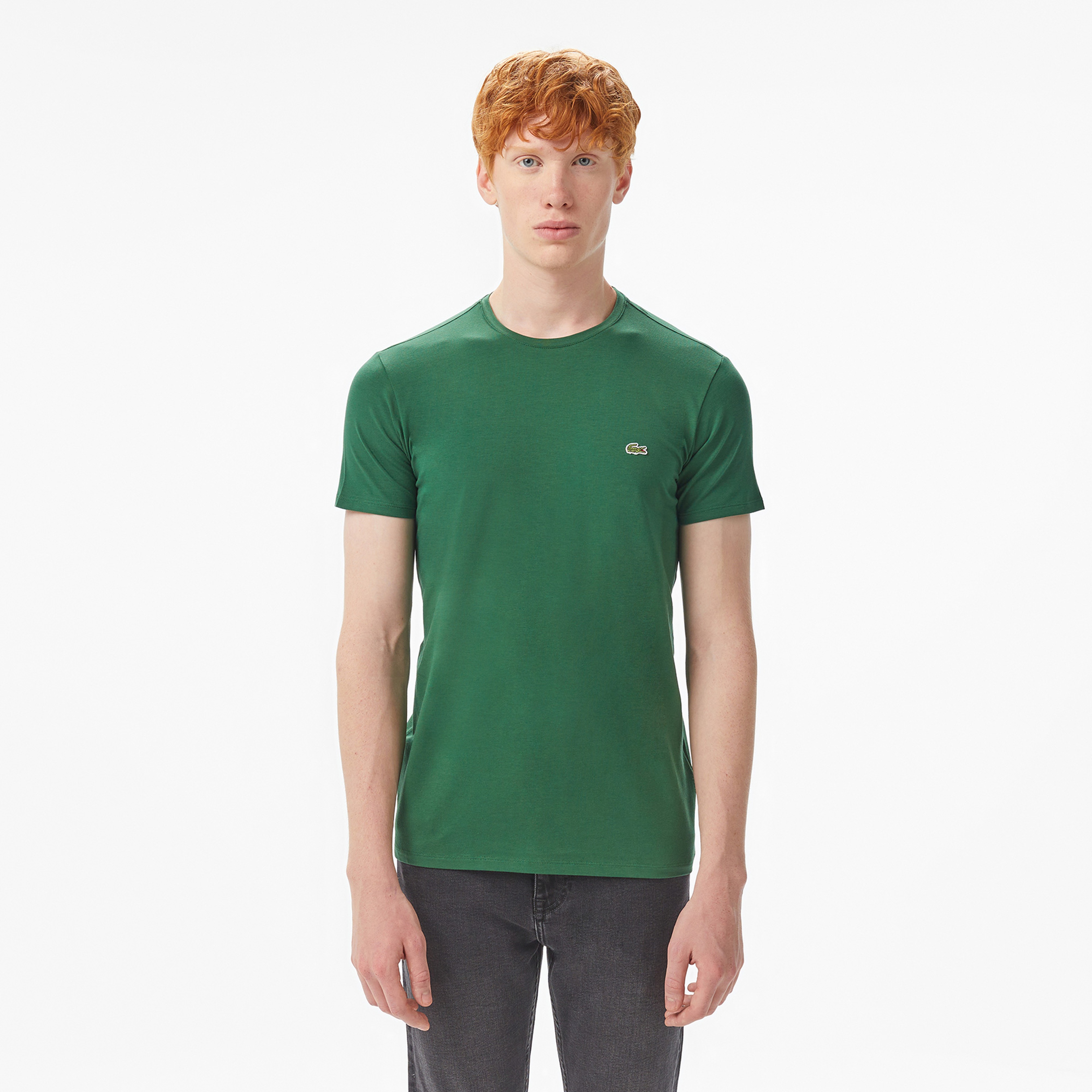 Erkek Slim Fit Bisiklet Yaka Koyu Yeşil T-Shirt