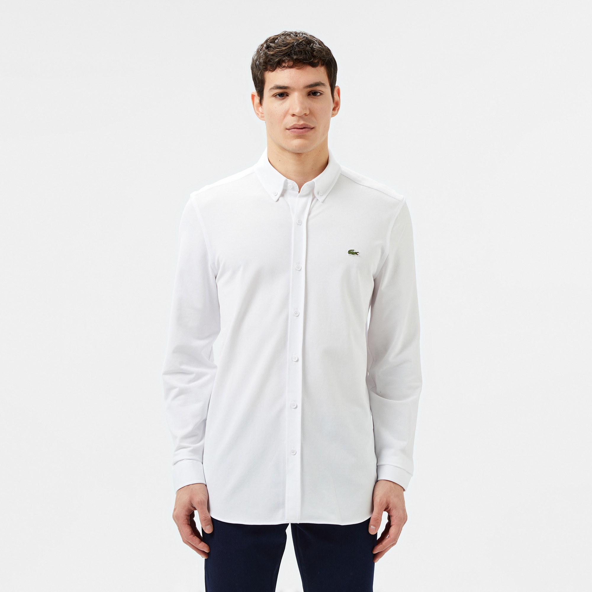 Erkek Slim Fit Düğmeli Yaka Beyaz Gömlek