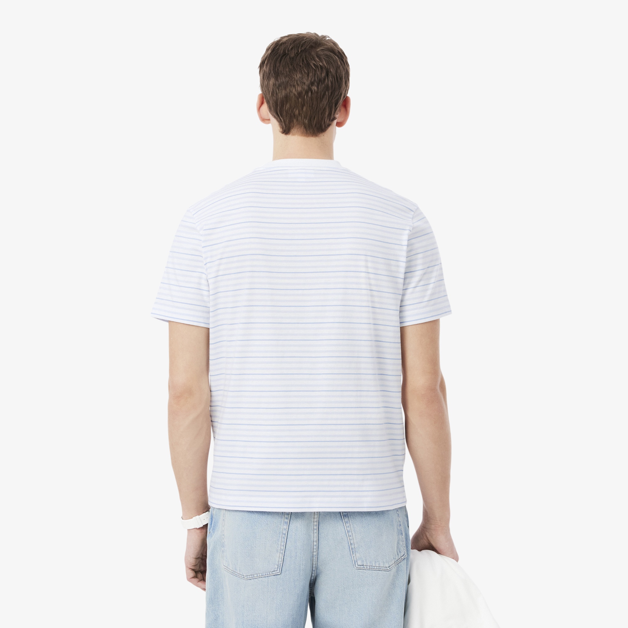 Erkek Classic Fit Bisiklet Yaka Çizgili Beyaz T-Shirt