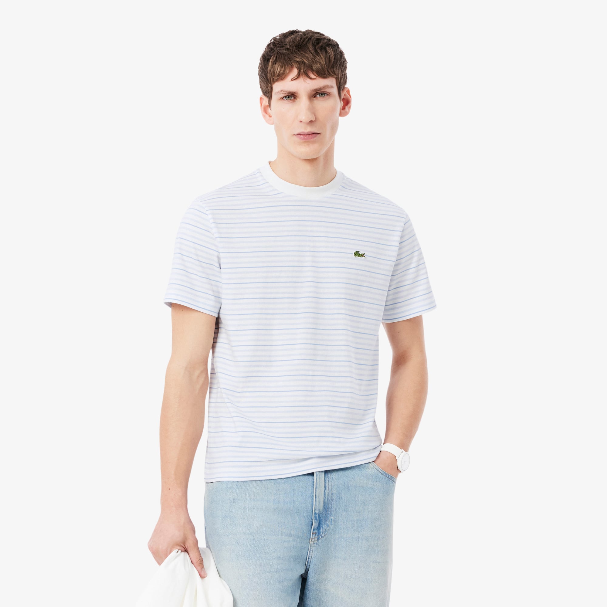 Lacoste Erkek Classic Fit Bisiklet Yaka Çizgili Beyaz T-Shirt