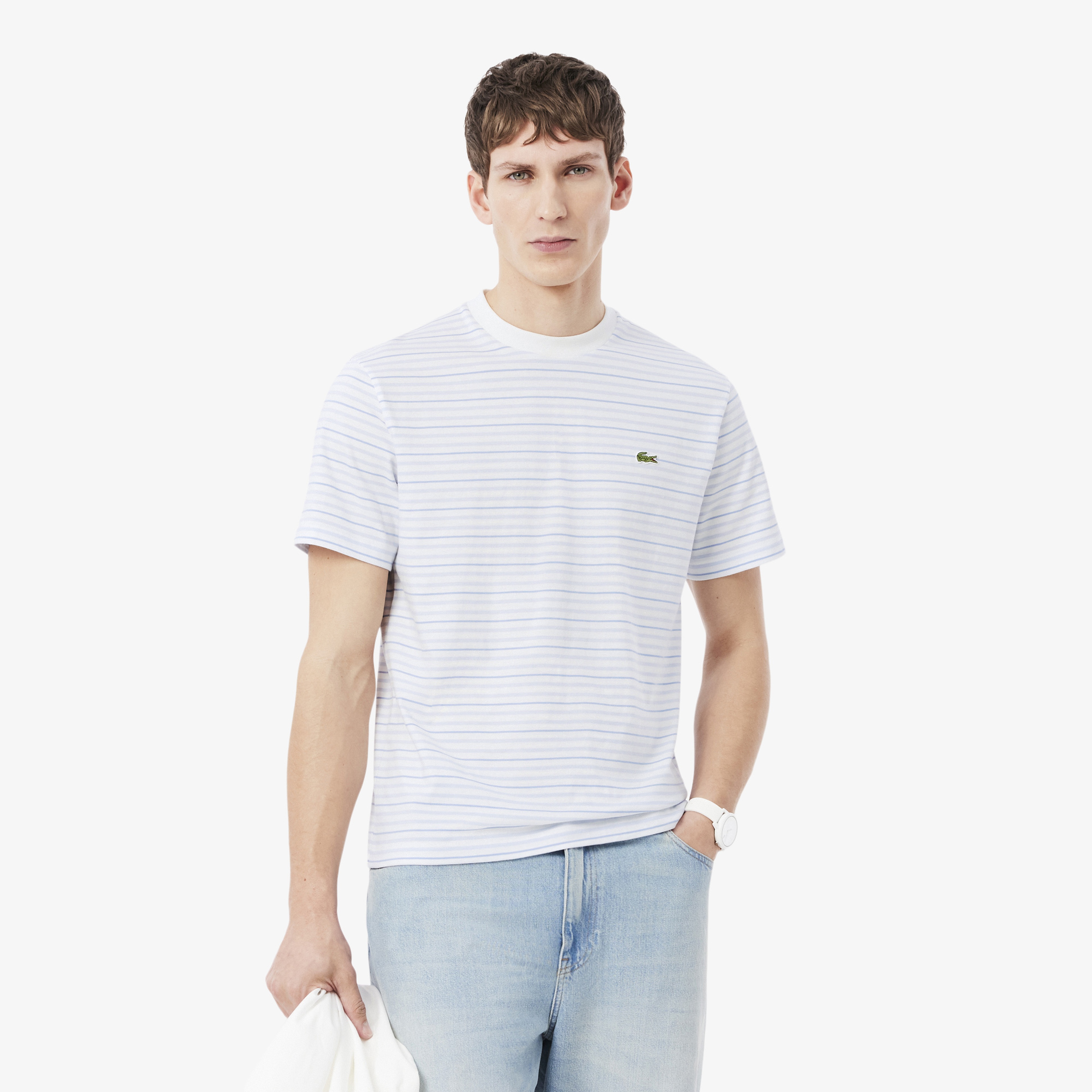 Erkek Classic Fit Bisiklet Yaka Çizgili Beyaz T-Shirt Erkek Classic Fit Bisiklet Yaka Çizgili Beyaz T-Shirt