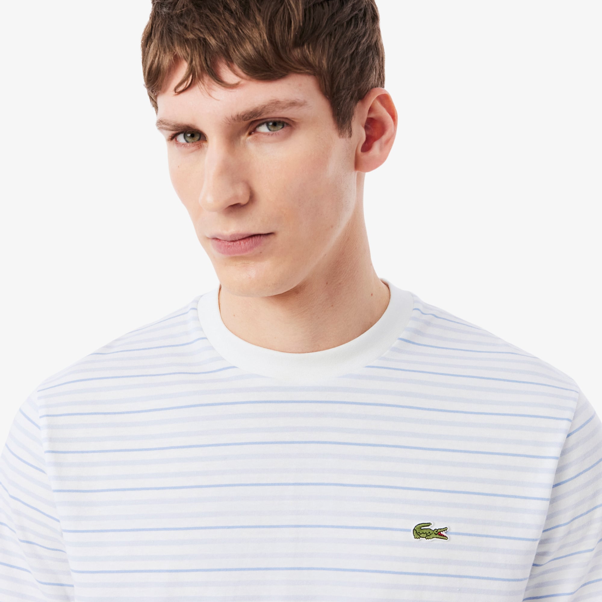 Lacoste Erkek Classic Fit Bisiklet Yaka Çizgili Beyaz T-Shirt görsel 2