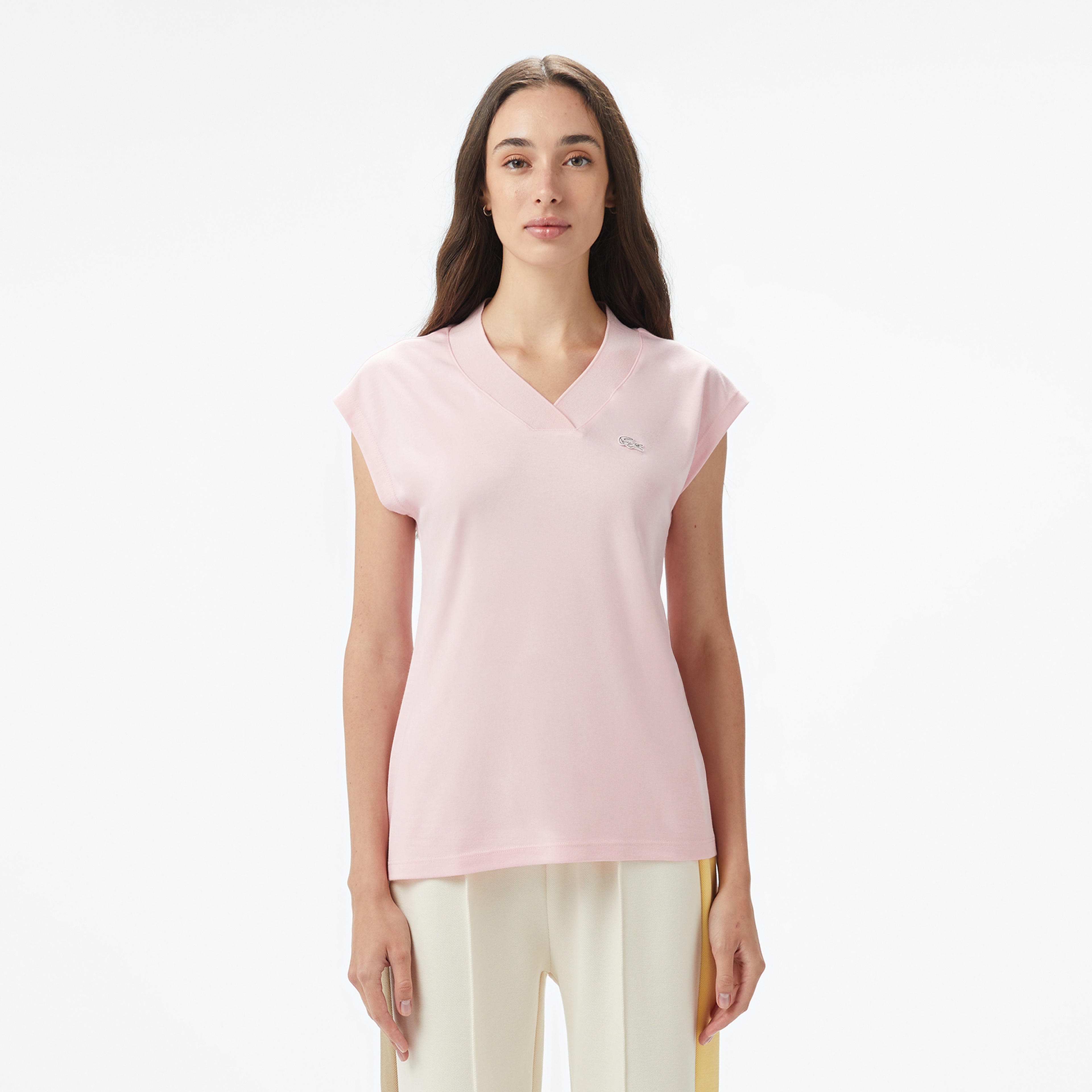 Kadın Slim Fit Kolsuz V Yaka Açık Pembe Bluz