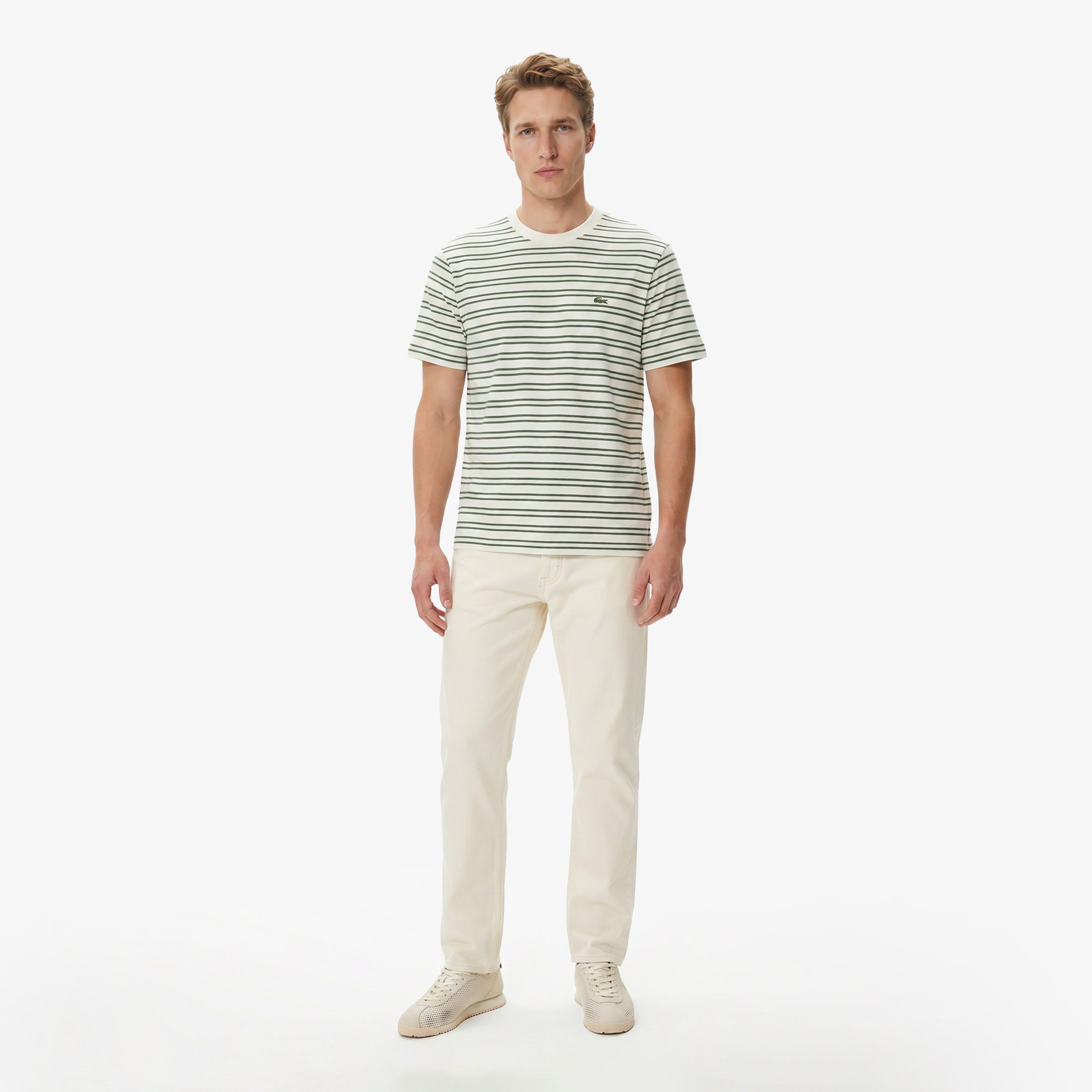 Erkek Classic Fit Bisiklet Yaka Çizgili Yeşil T-Shirt Erkek Classic Fit Bisiklet Yaka Çizgili Yeşil T-Shirt
