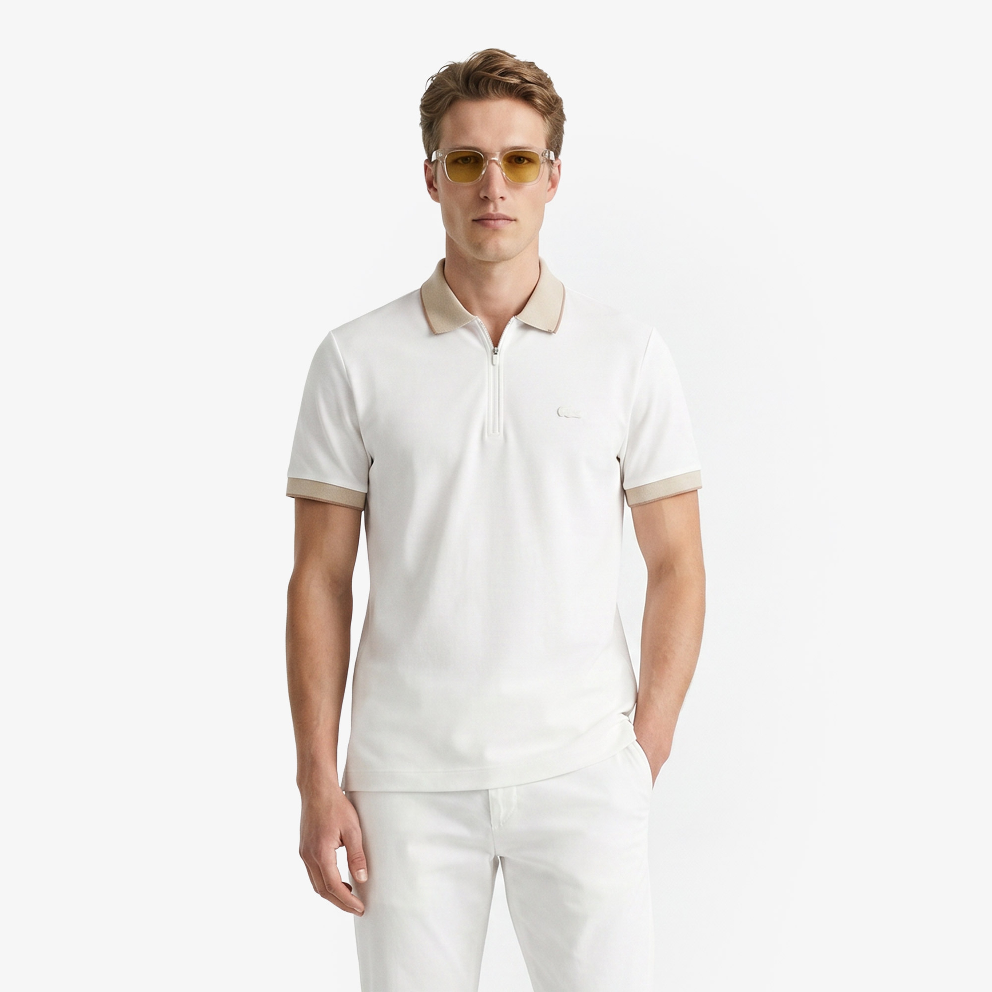 Erkek Regular Fit Renk Bloklu Krem Polo Erkek Regular Fit Renk Bloklu Krem Polo