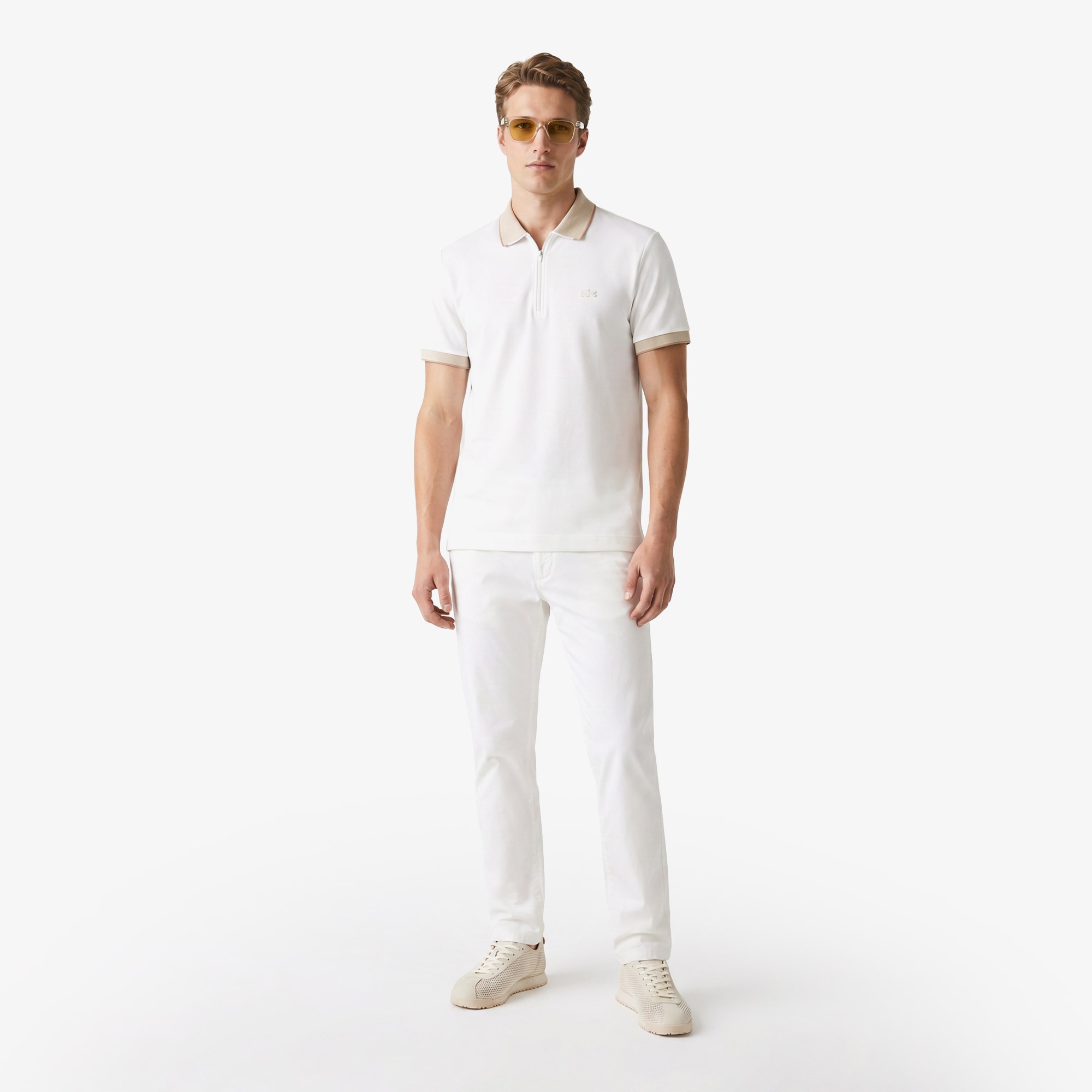 Erkek Regular Fit Renk Bloklu Krem Polo