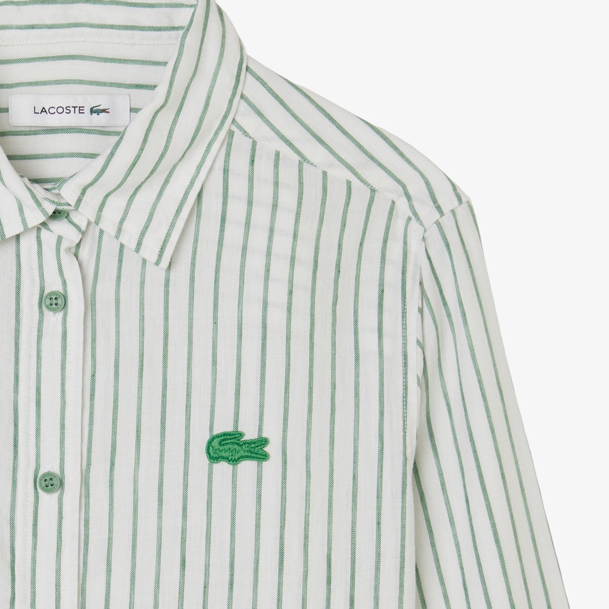 Lacoste Kadın Relaxed Fit Keten Çizgili Yeşil Gömlek görsel 4