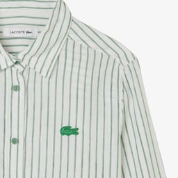 Kadın Relaxed Fit Keten Çizgili Yeşil Gömlek Yeşil