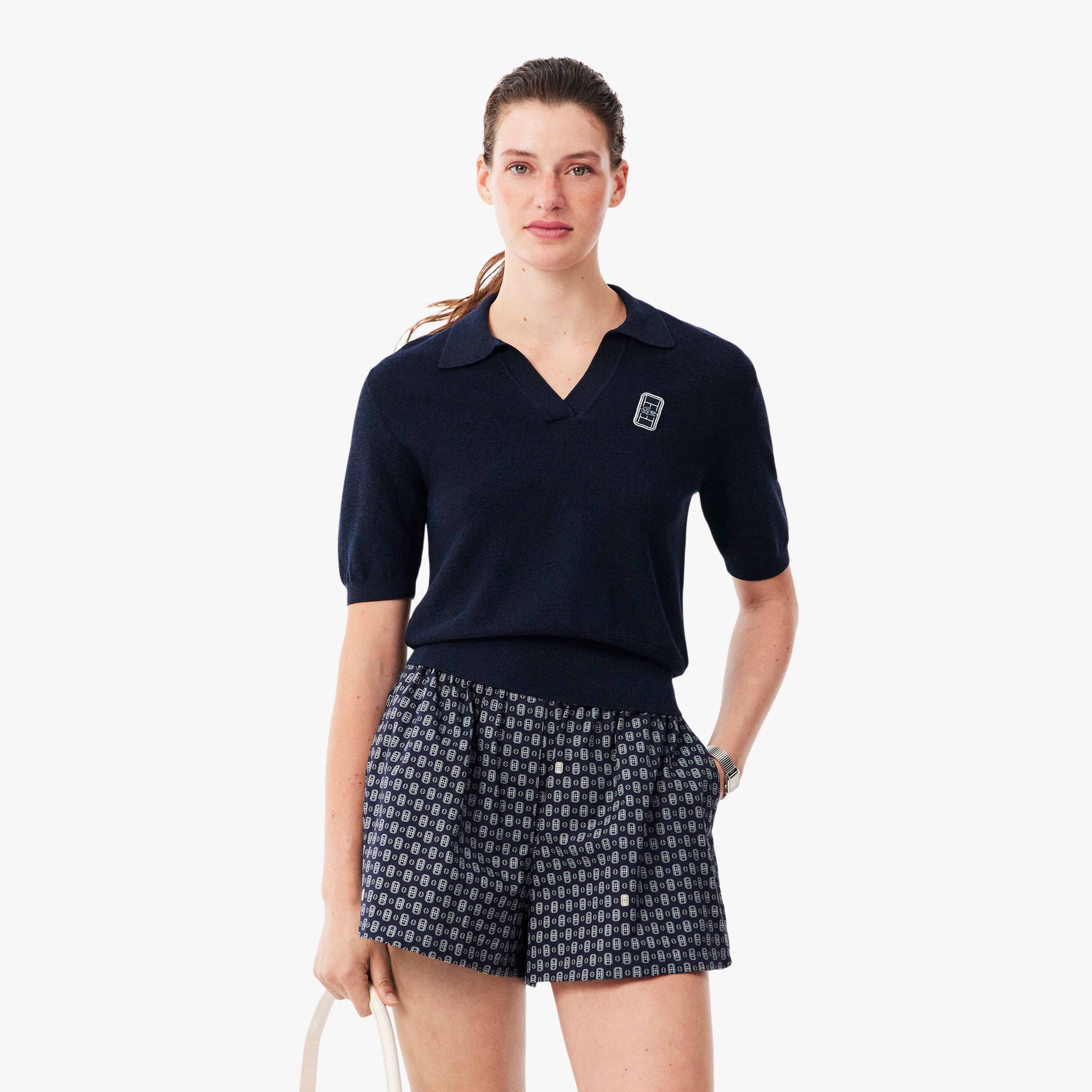 Kadın Regular Fit Kısa Kollu Polo Yaka Lacivert Triko