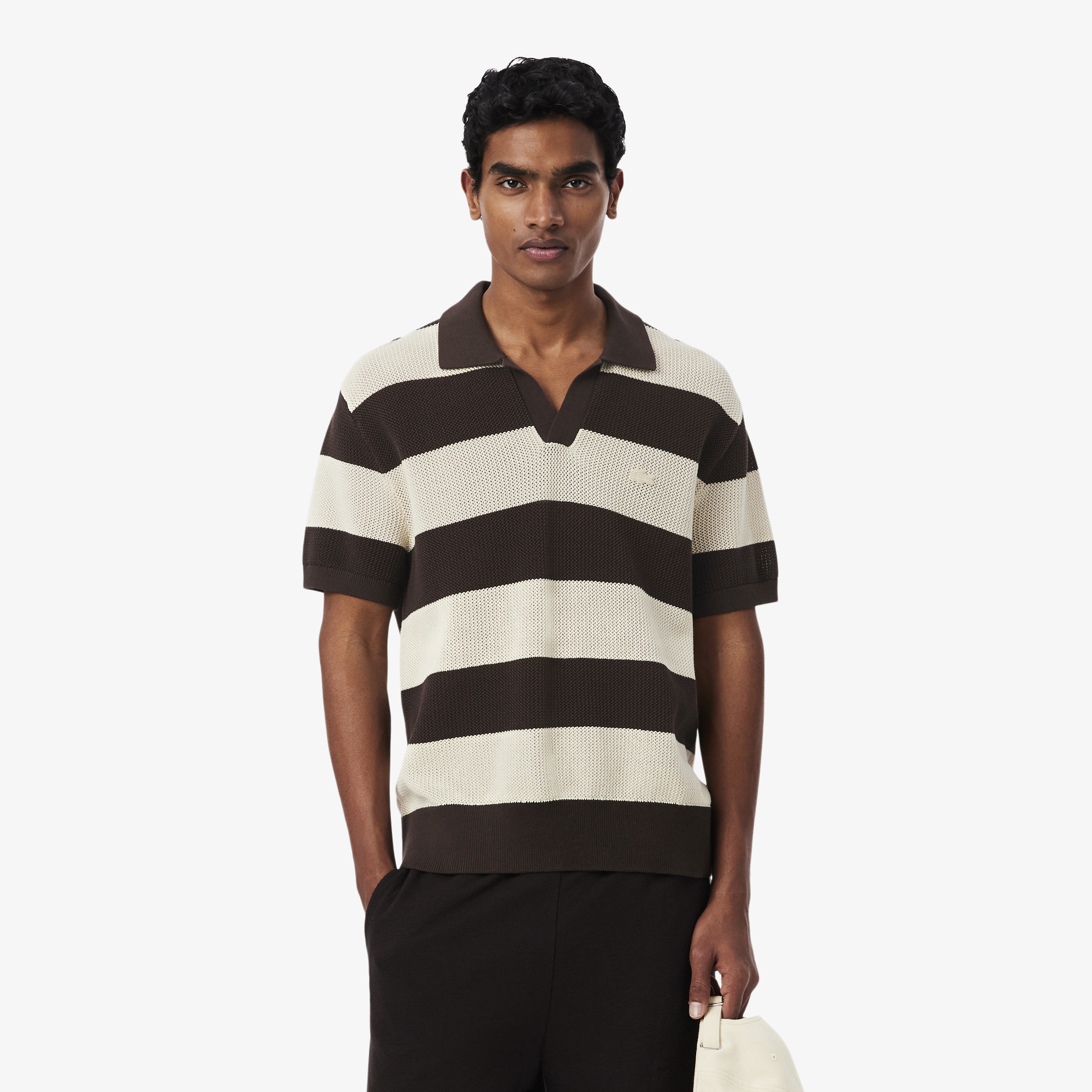 Lacoste Erkek Classic Fit Kısa Kollu Polo Yaka Çizgili Kahverengi Triko