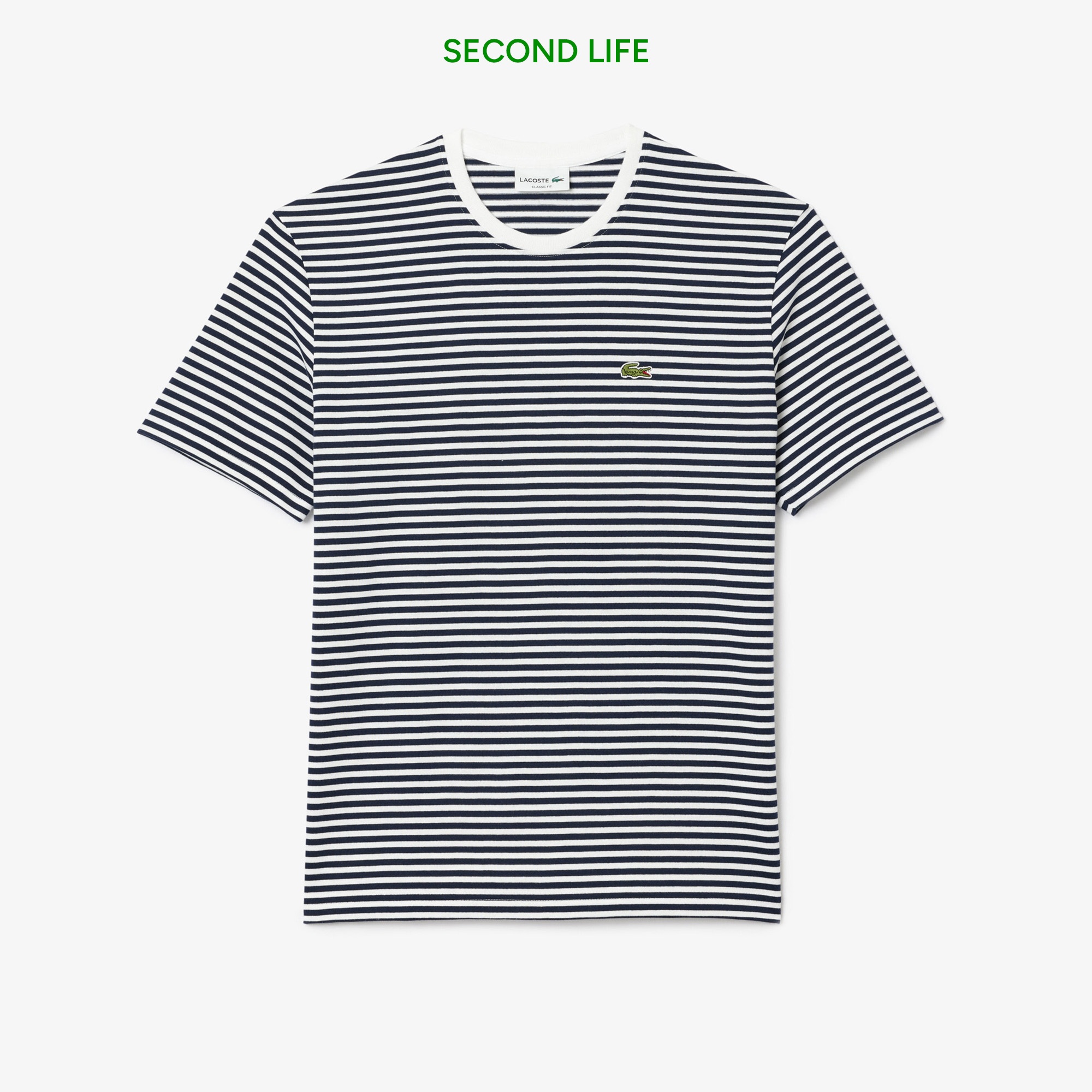 Erkek Classic Fit Bisiklet Yaka Çizgili Beyaz T-Shirt
