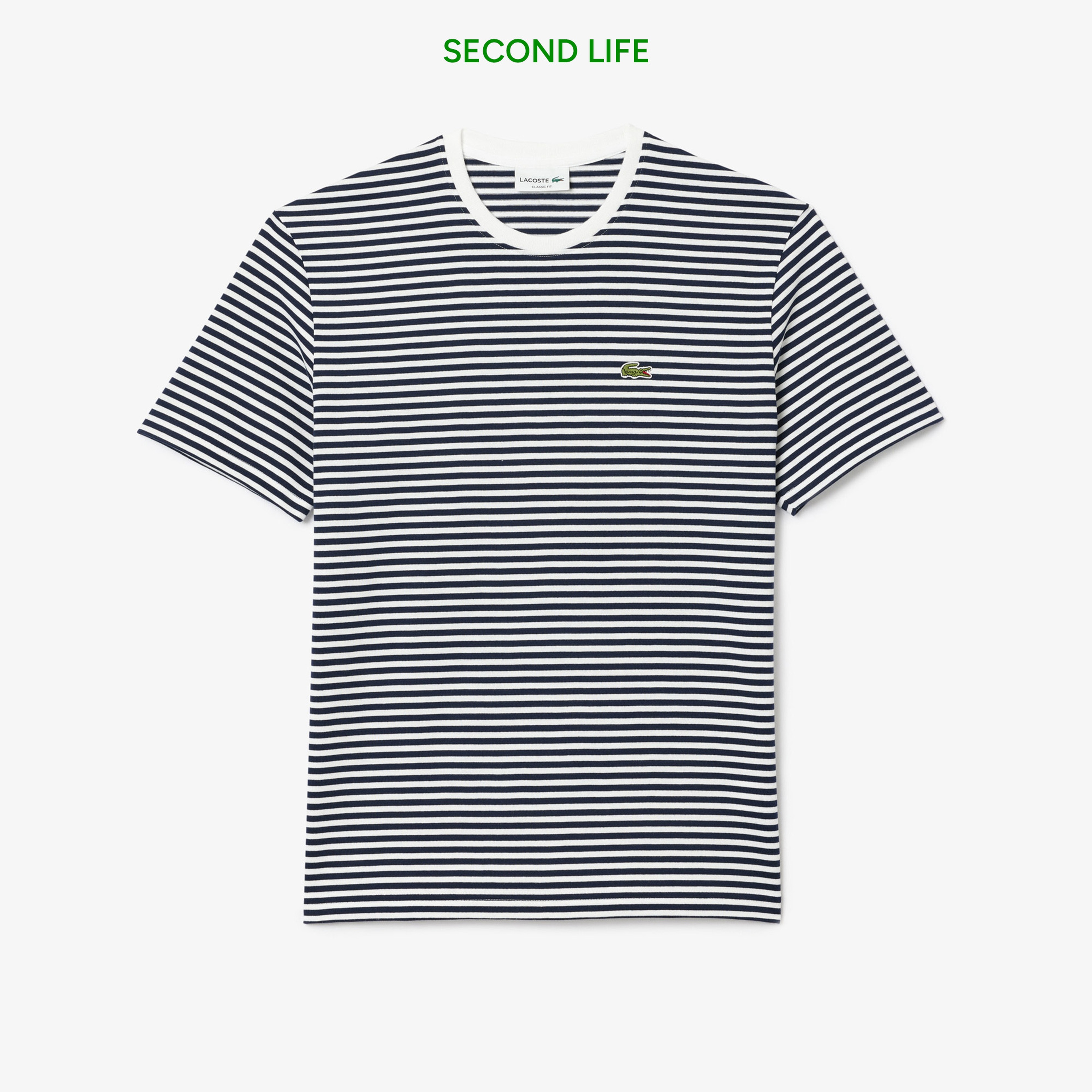 Erkek Classic Fit Bisiklet Yaka Çizgili Beyaz T-Shirt