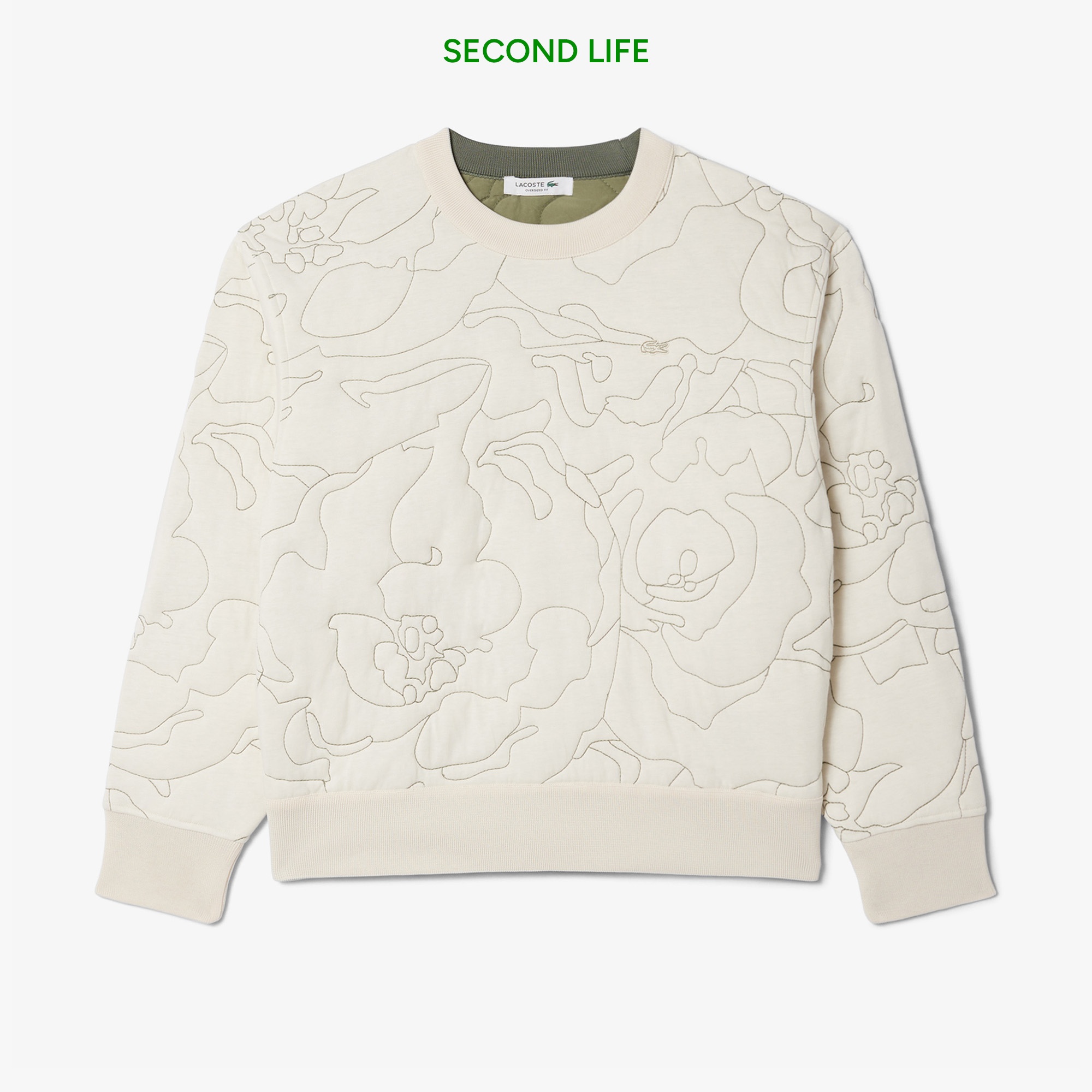 Kadın Oversize Fit Bisiklet Yaka Çift Taraflı Desenli Krem Sweatshirt