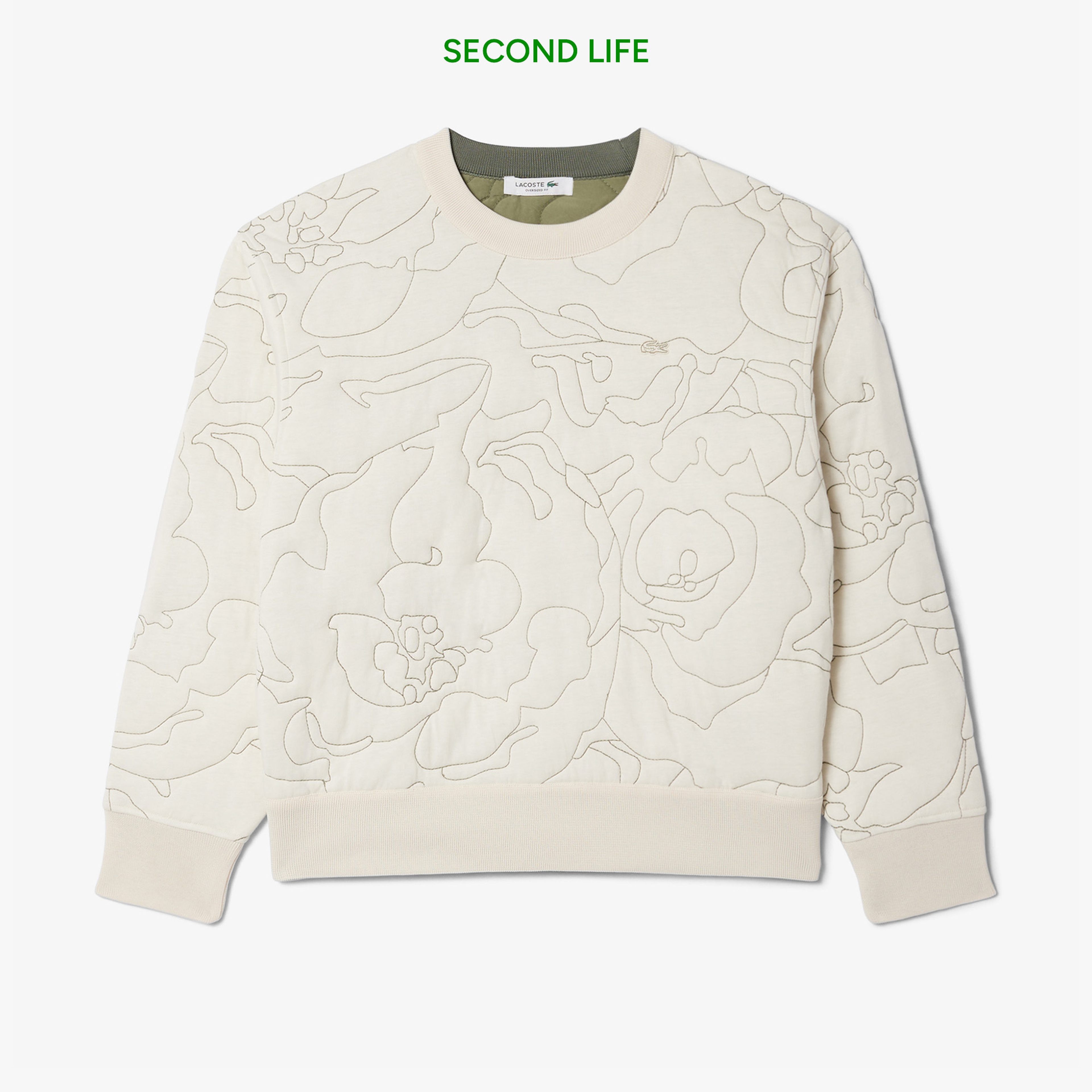 Kadın Oversize Fit Bisiklet Yaka Çift Taraflı Desenli Krem Sweatshirt