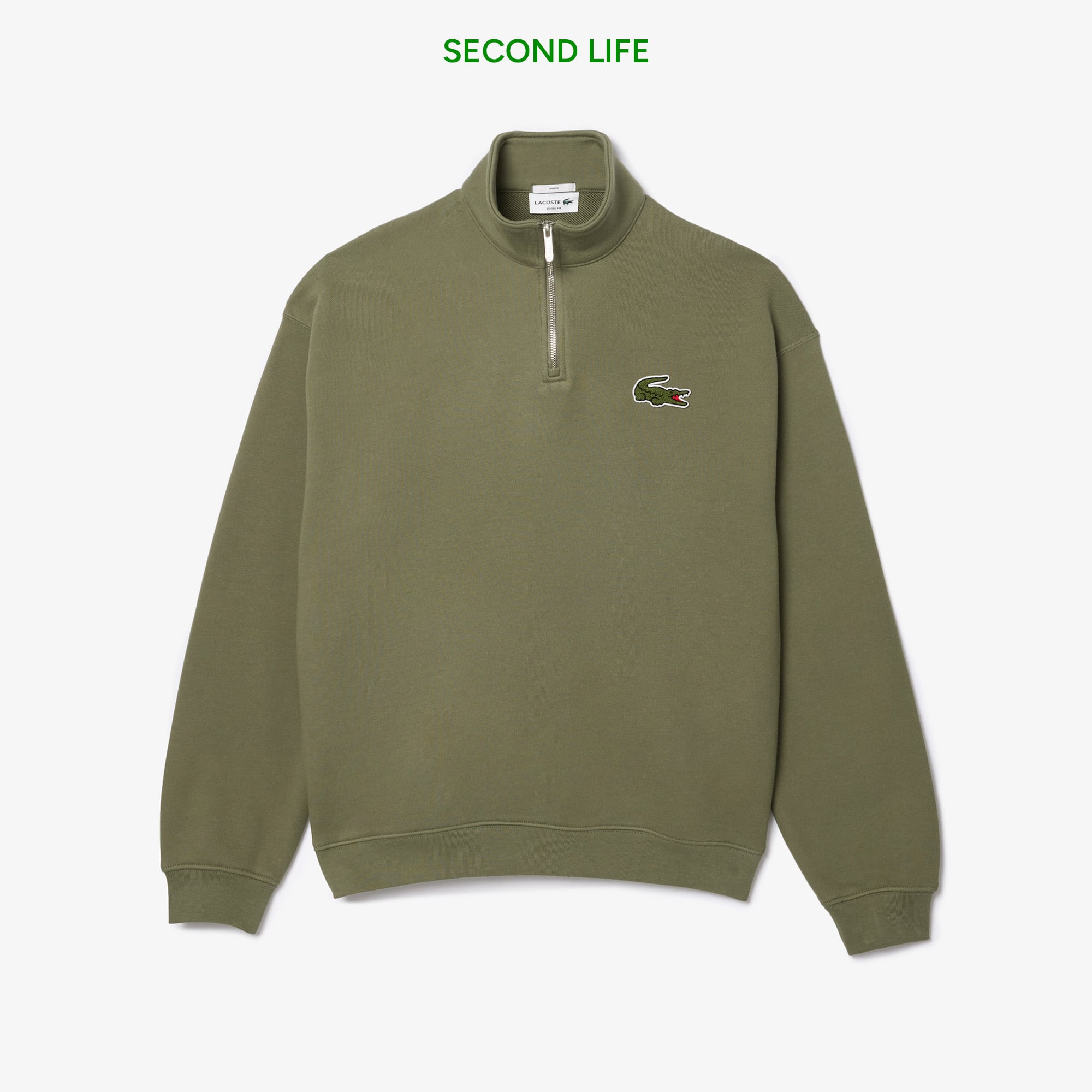 Lacoste İkinci El Unisex Loose Fit Yarım Fermuarlı Haki Organik Pamuk Sweatshirt