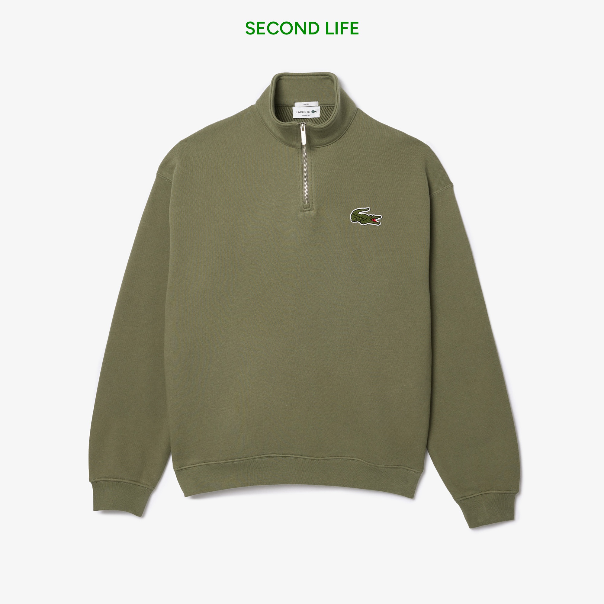 Unisex Loose Fit Yarım Fermuarlı Haki Organik Pamuk Sweatshirt