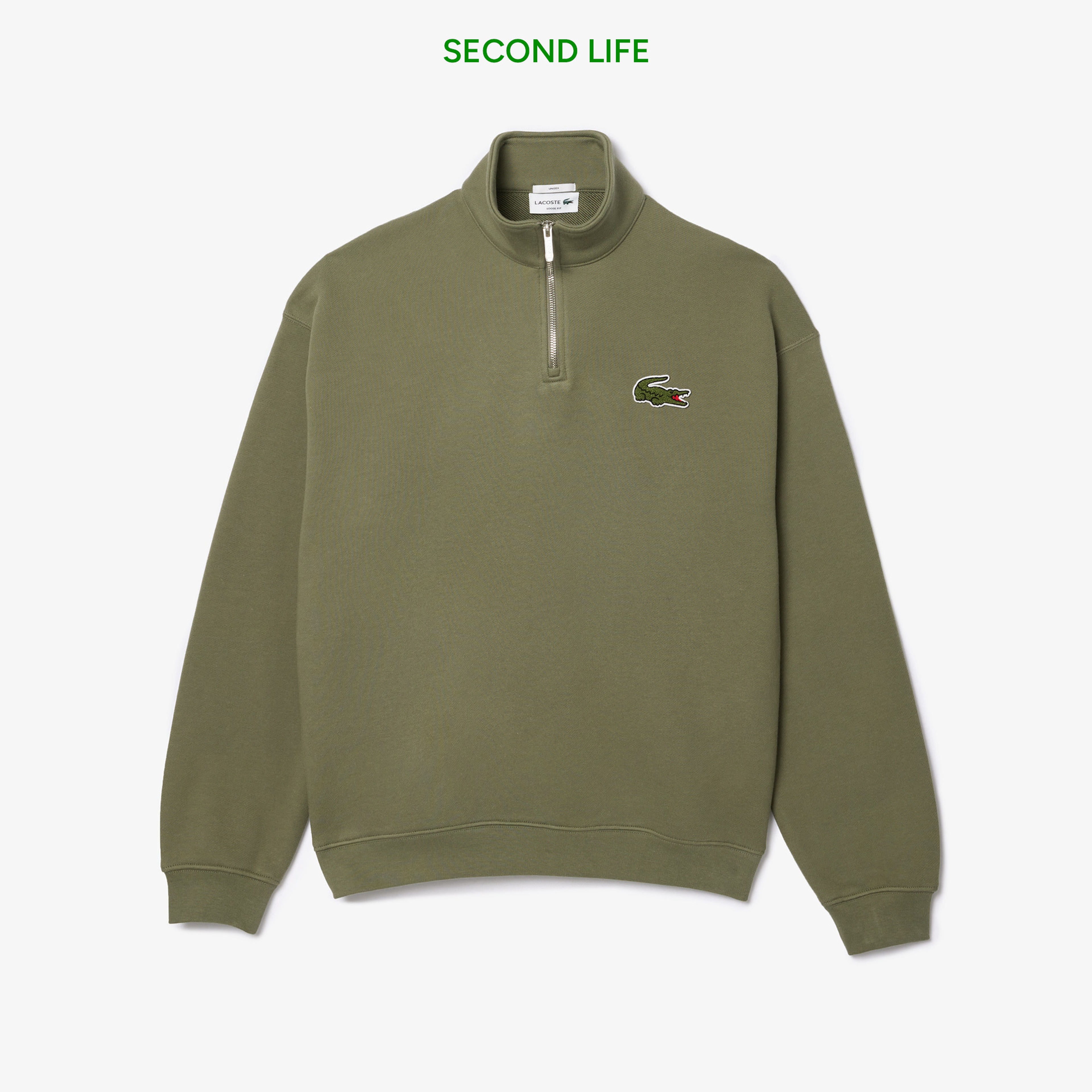 Unisex Loose Fit Yarım Fermuarlı Haki Organik Pamuk Sweatshirt