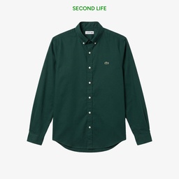 Erkek Slim Fit Düğmeli Yaka Koyu Yeşil Gömlek Yeşil