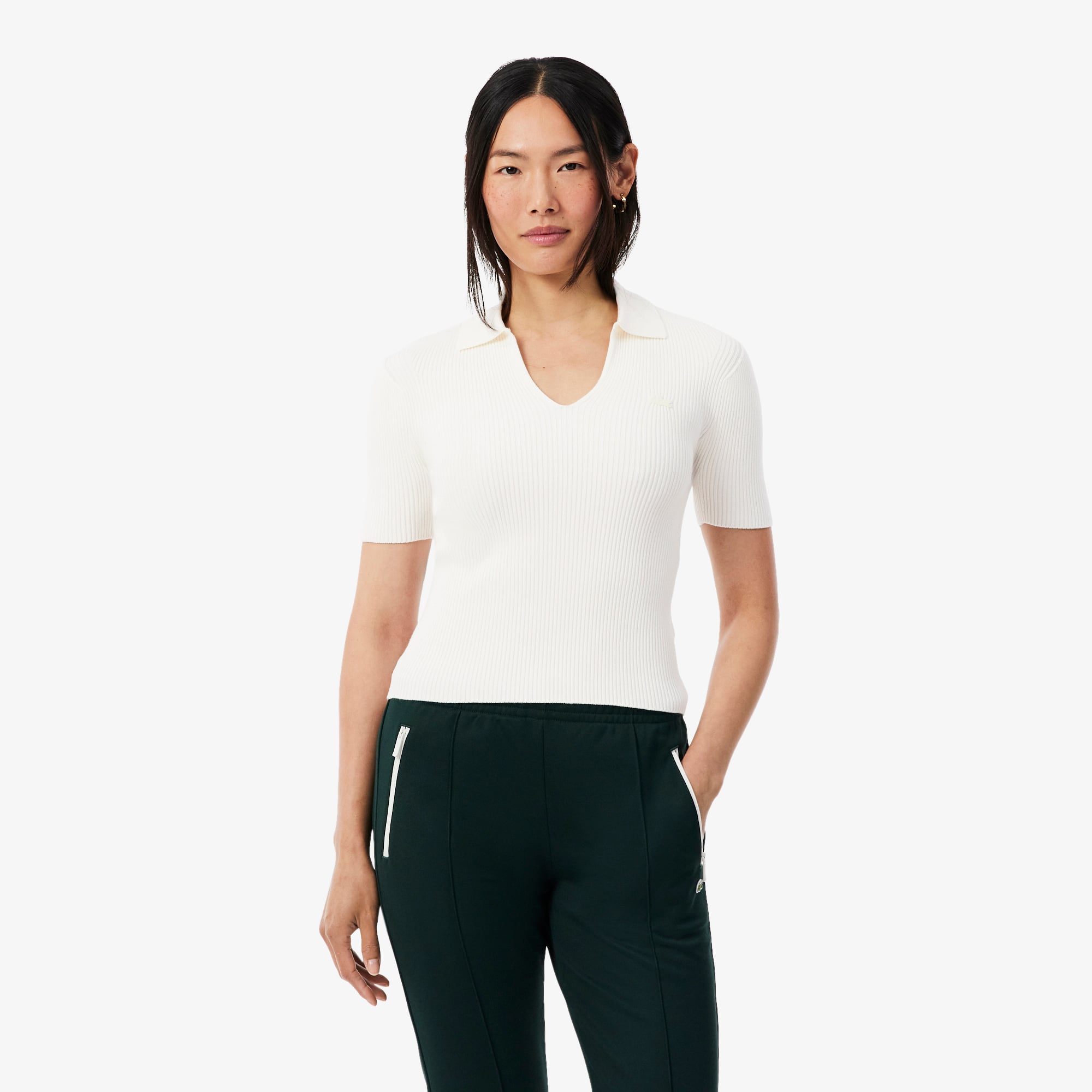 Lacoste Kadın Slim Fit Kısa Kollu Polo Yaka Beyaz Triko