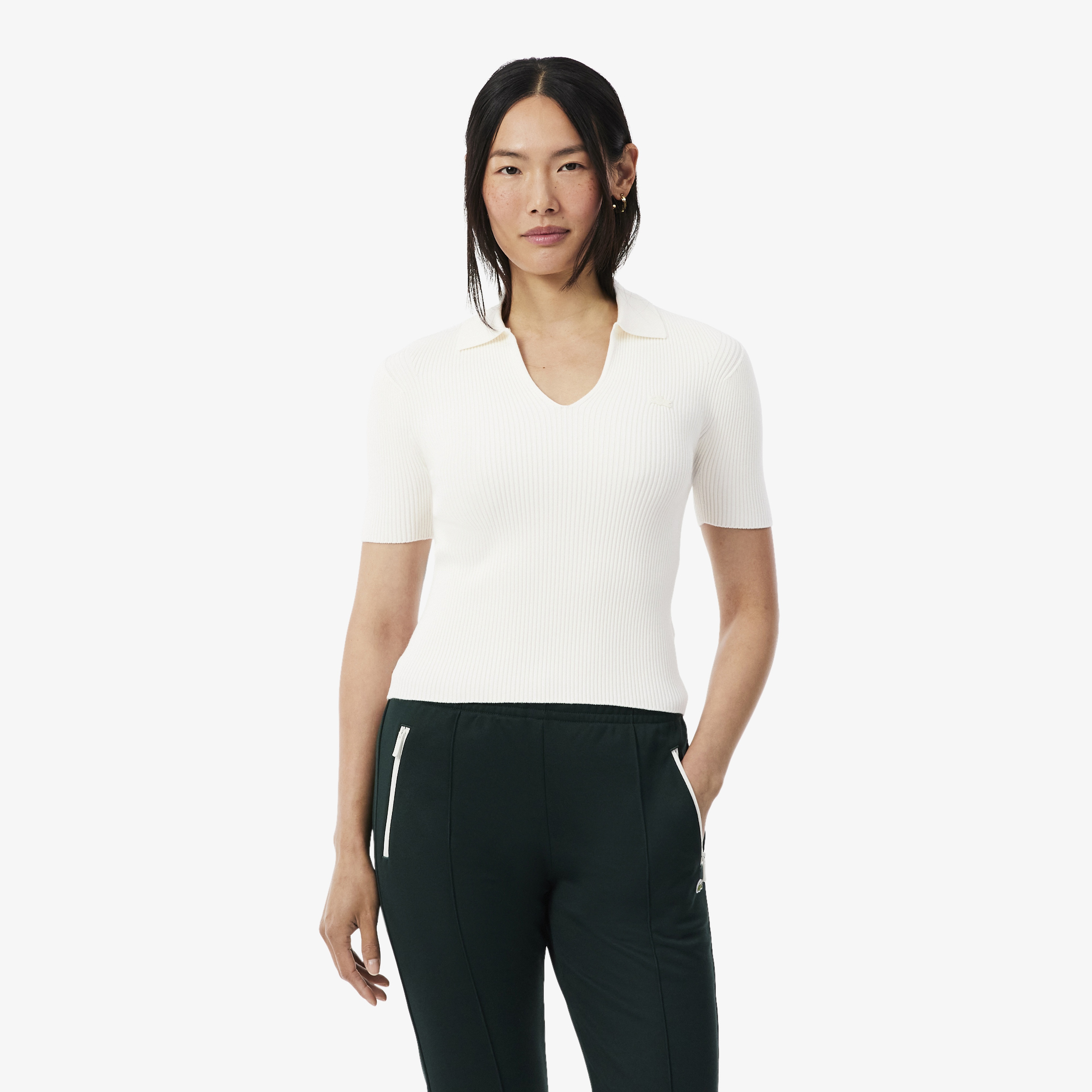 Kadın Slim Fit Kısa Kollu Polo Yaka Beyaz Triko