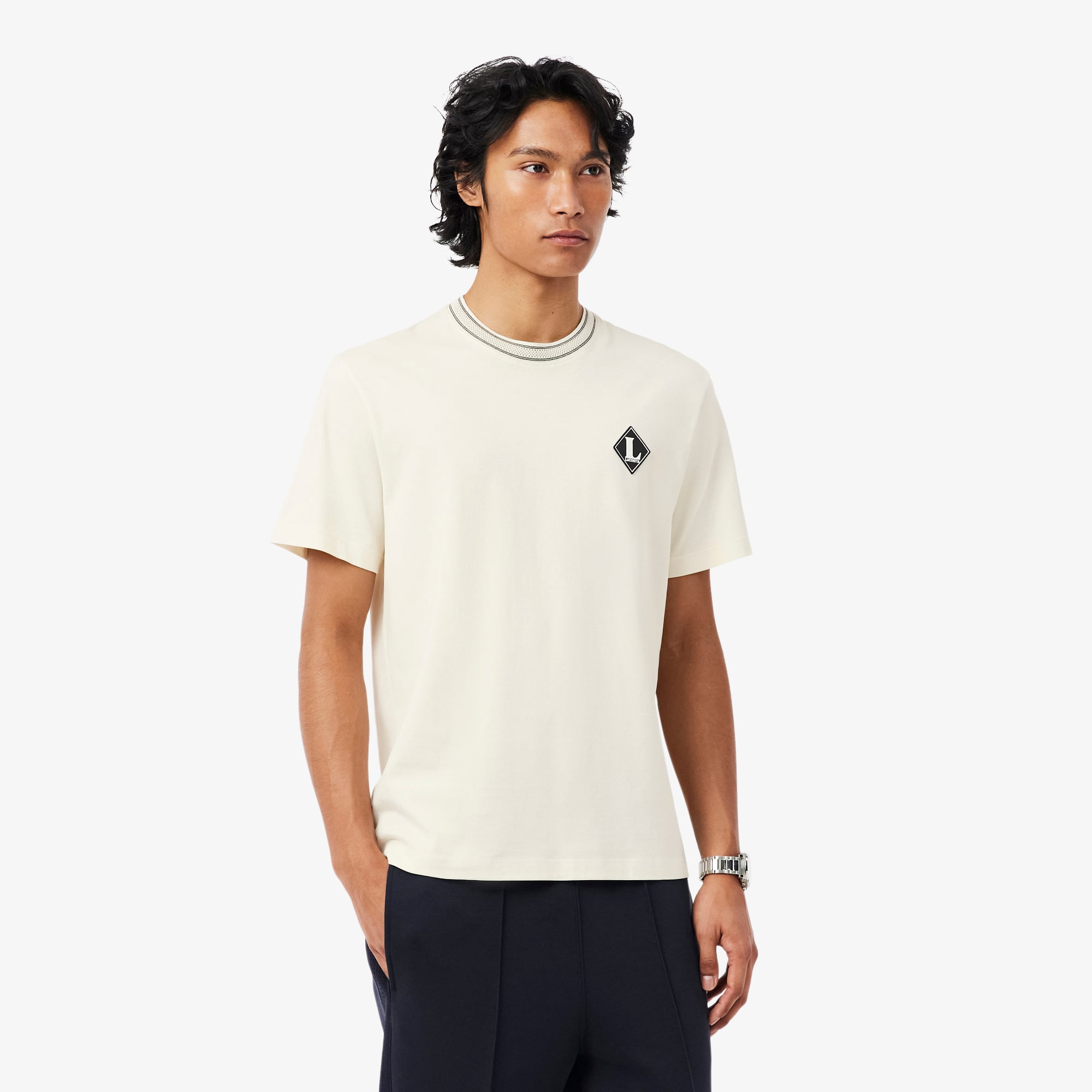 Lacoste Erkek Classic Fit Bisiklet Yaka Krem T-Shirt