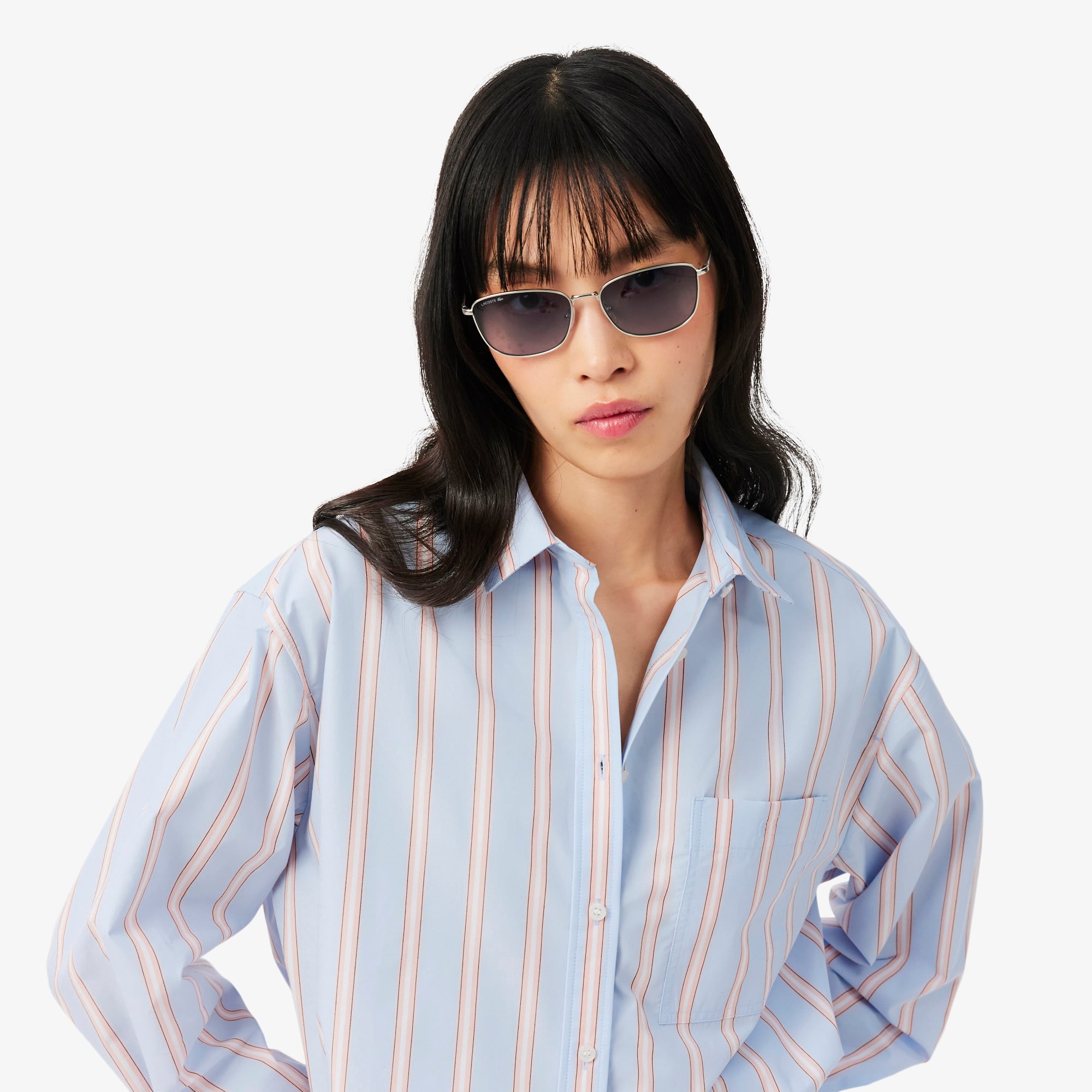 Lacoste Kadın Oversize Fit Çizgili Mavi Gömlek görsel 2