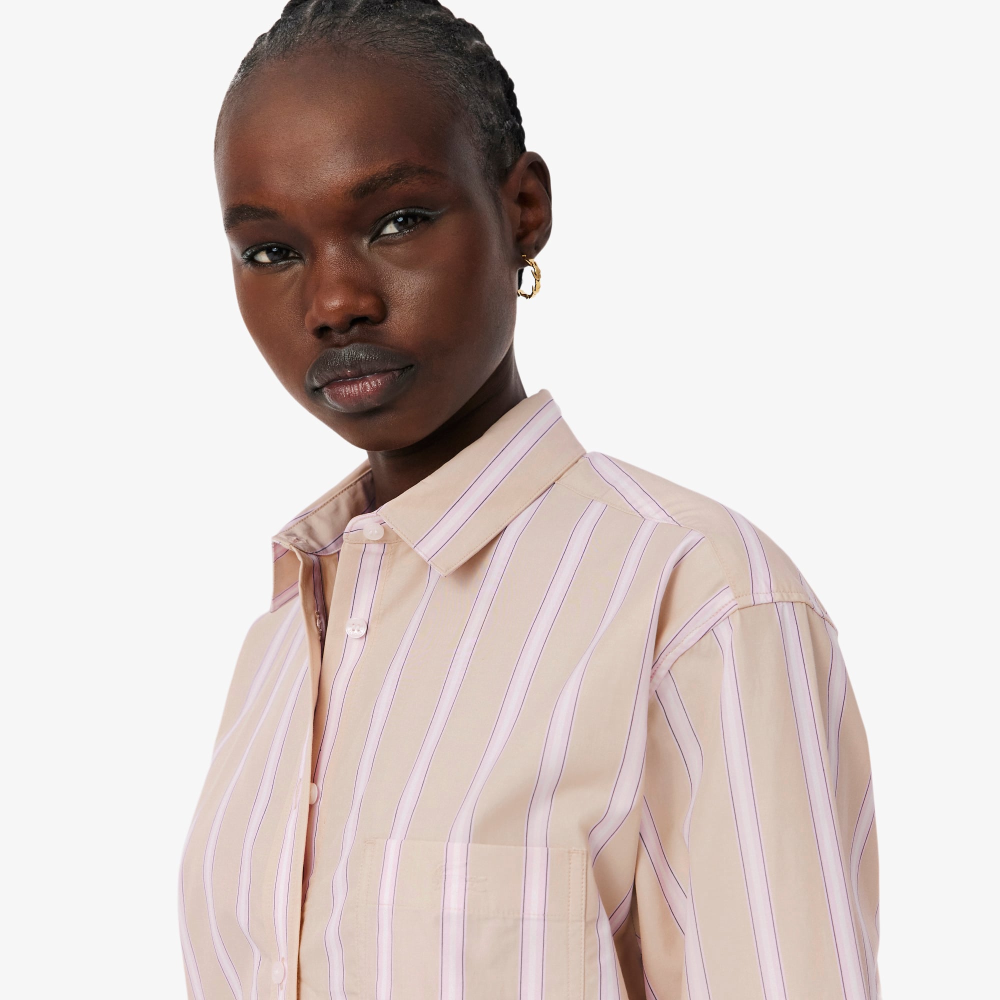 Lacoste Kadın Oversize Fit Çizgili Pembe Gömlek görsel 2