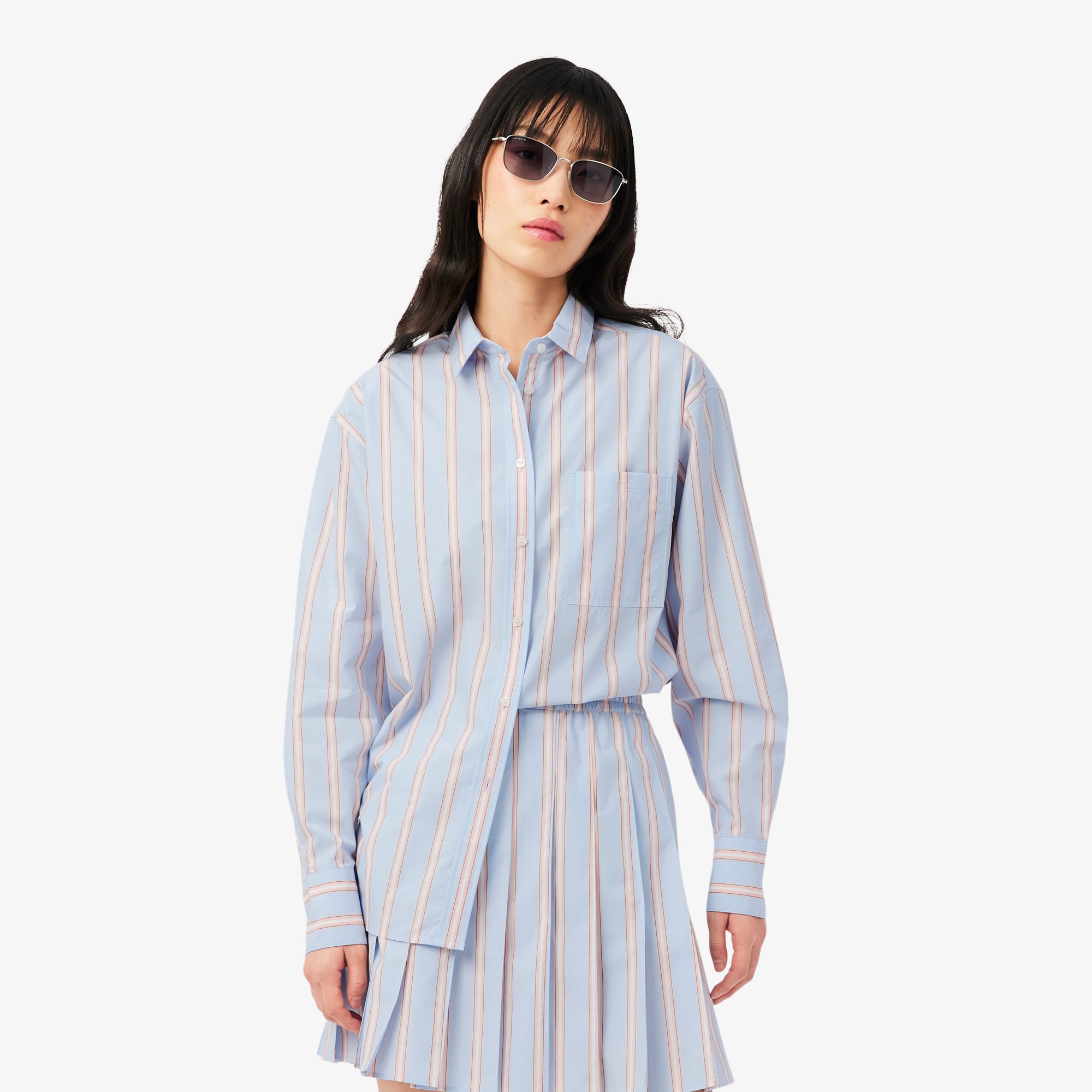 Lacoste Kadın Oversize Fit Çizgili Mavi Gömlek