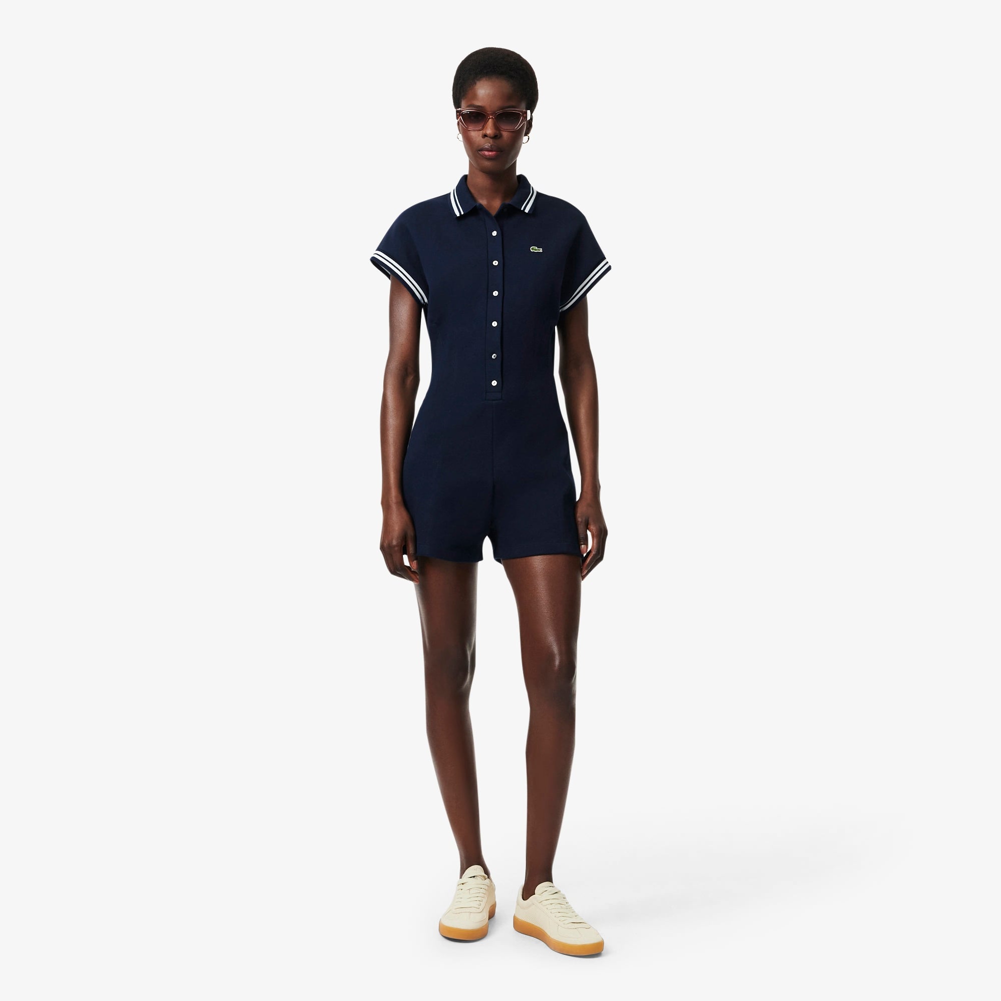 Kadın Slim Fit Kısa Kollu Polo Yaka Lacivert Tulum