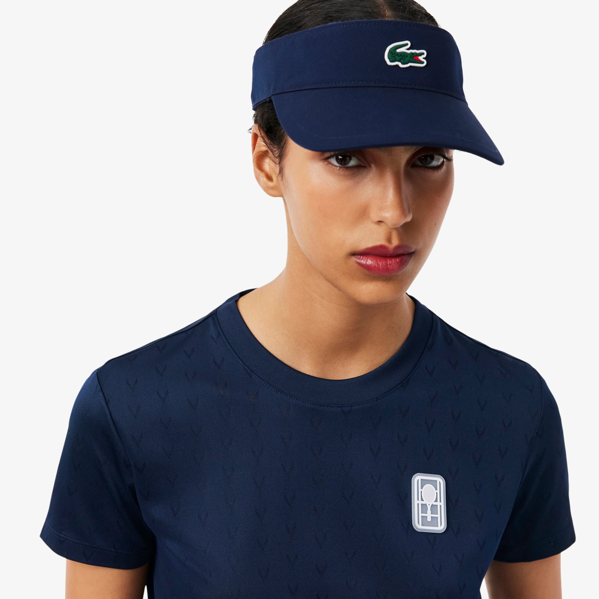 Lacoste Kadın Slim Fit Bisiklet Yaka Desenli Lacivert T-Shirt görsel 2