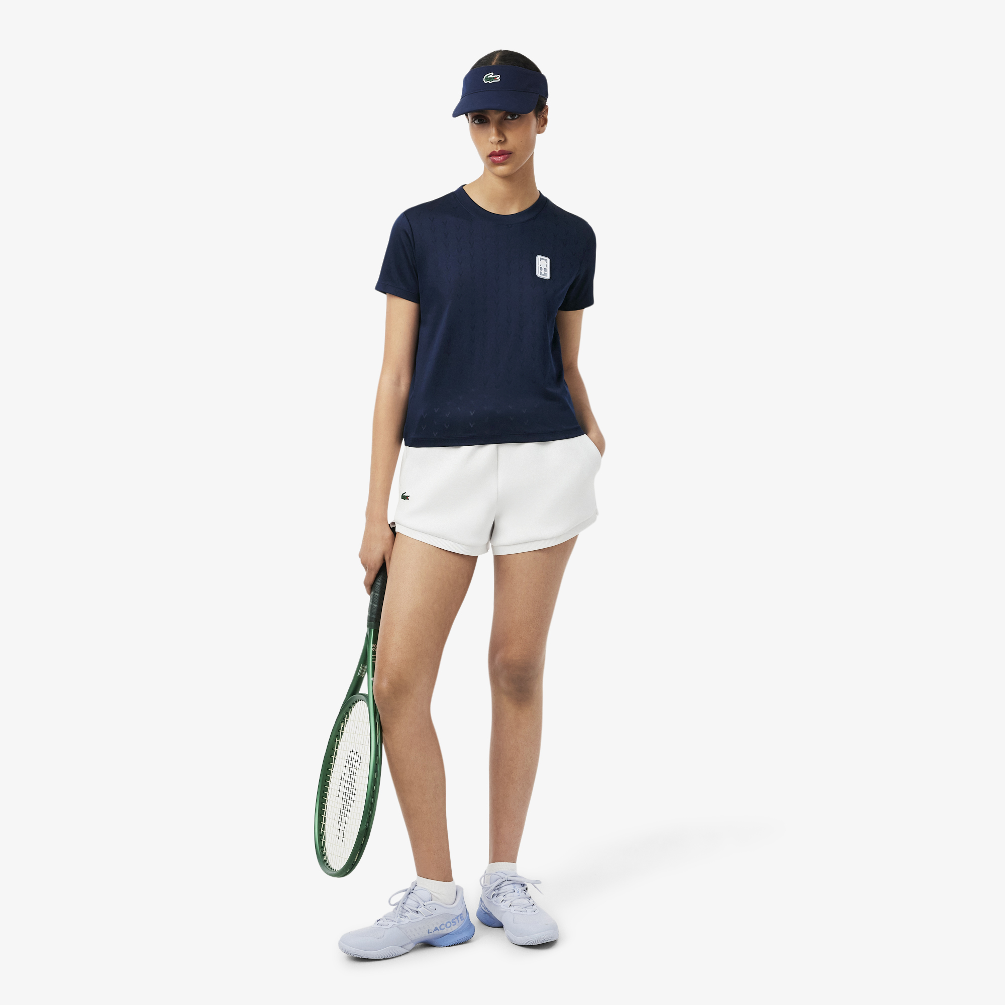 Lacoste Kadın Slim Fit Bisiklet Yaka Desenli Lacivert T-Shirt görsel 4