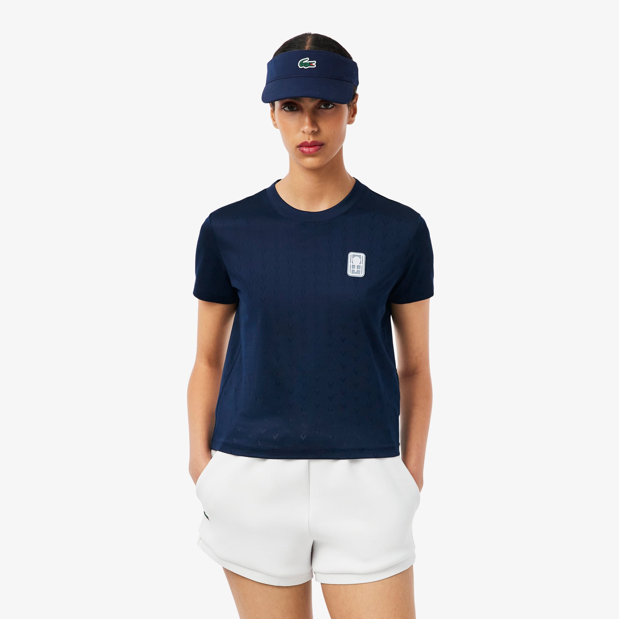 Lacoste Kadın Slim Fit Bisiklet Yaka Desenli Lacivert T-Shirt