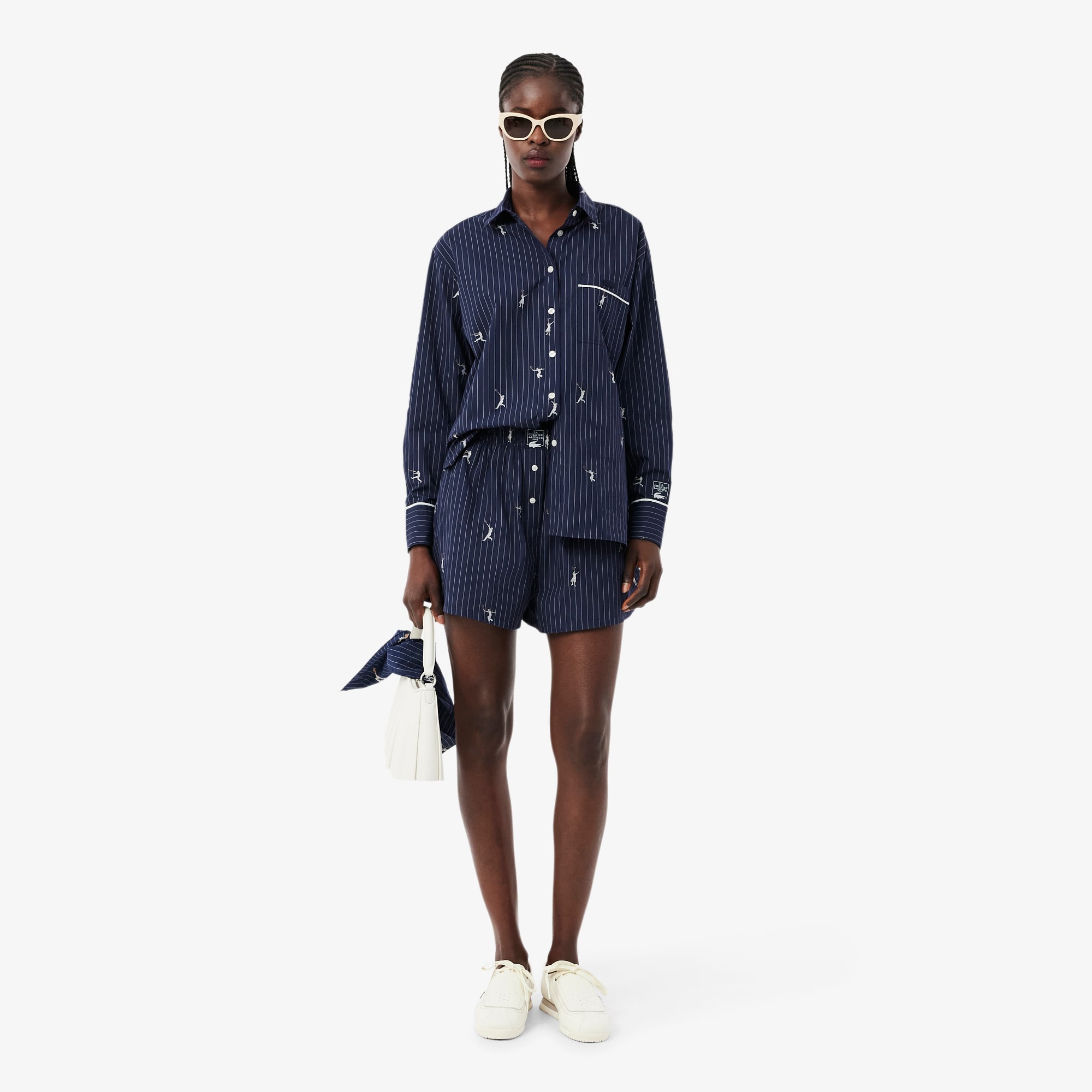 Lacoste Kadın Oversize Fit Çizgili Lacivert Şort görsel 4