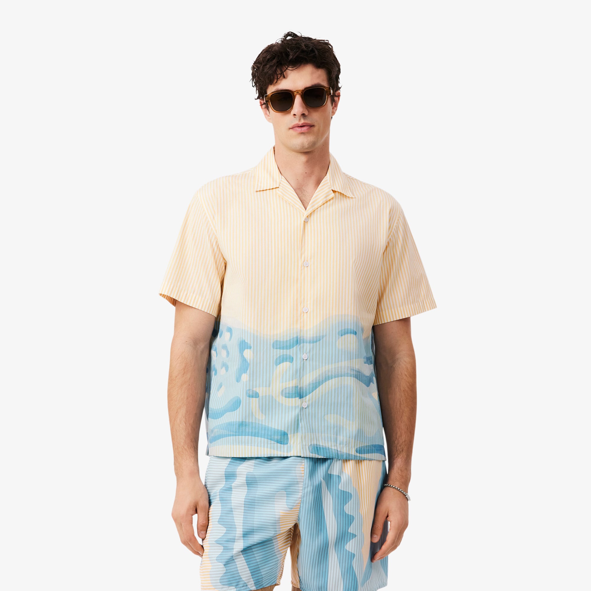 Lacoste Erkek Relaxed Fit Kısa Kollu Çizgili Bej Gömlek