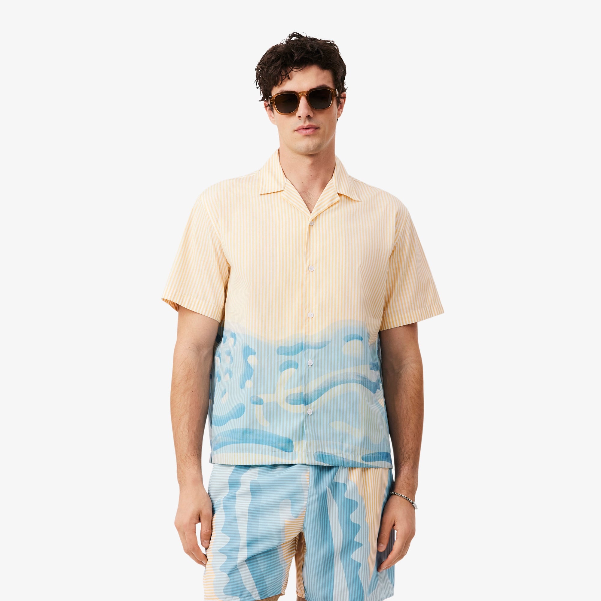 Erkek Relaxed Fit Kısa Kollu Çizgili Bej Gömlek