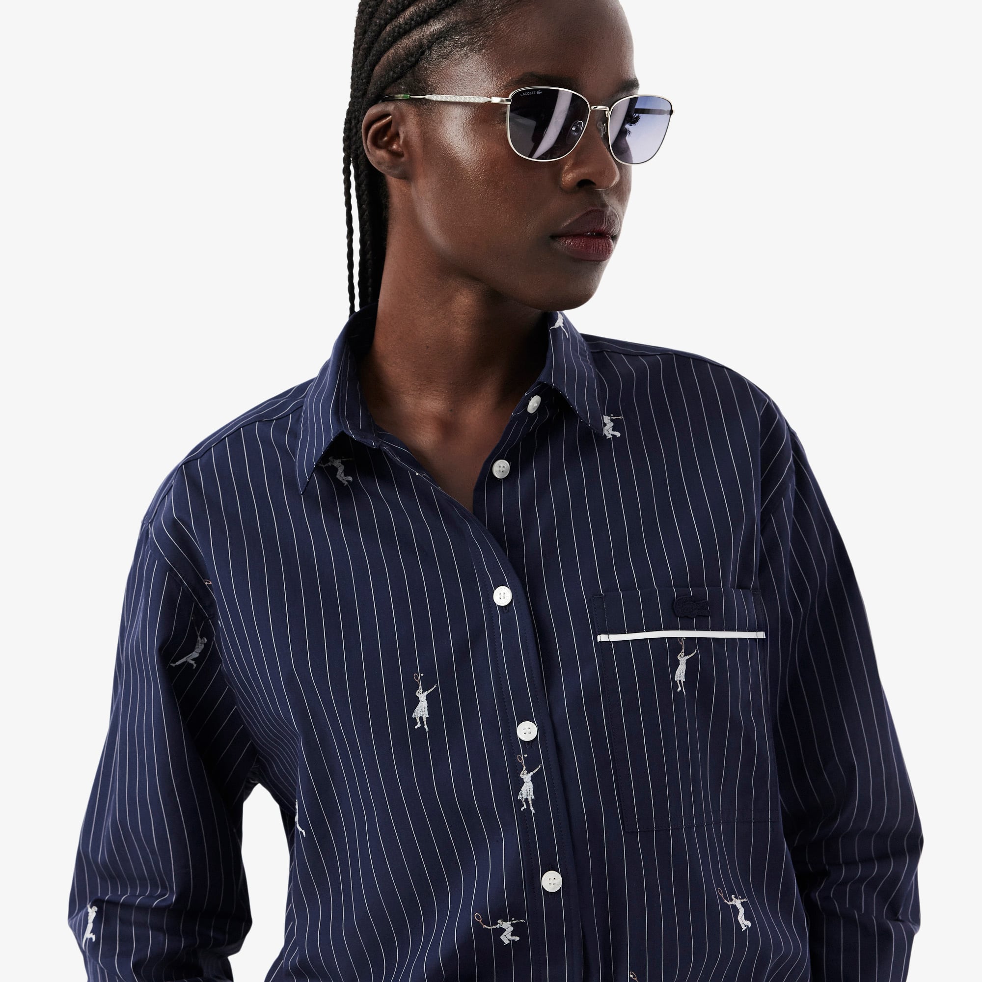 Lacoste Kadın Oversize Fit Çizgili Lacivert Gömlek görsel 2