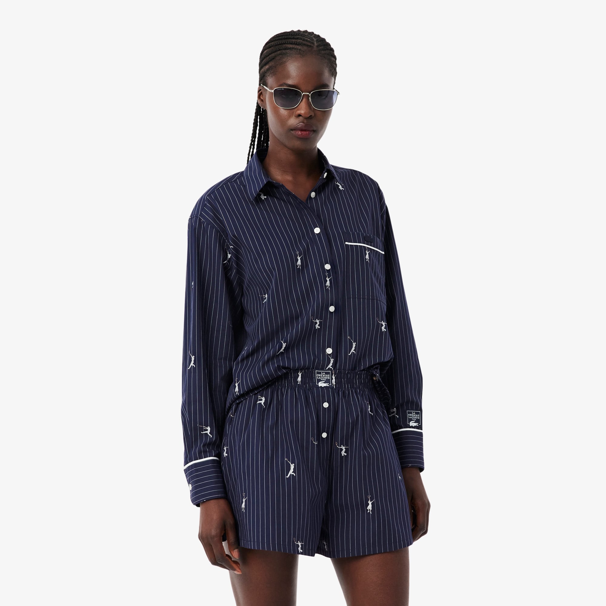 Lacoste Kadın Oversize Fit Çizgili Lacivert Gömlek