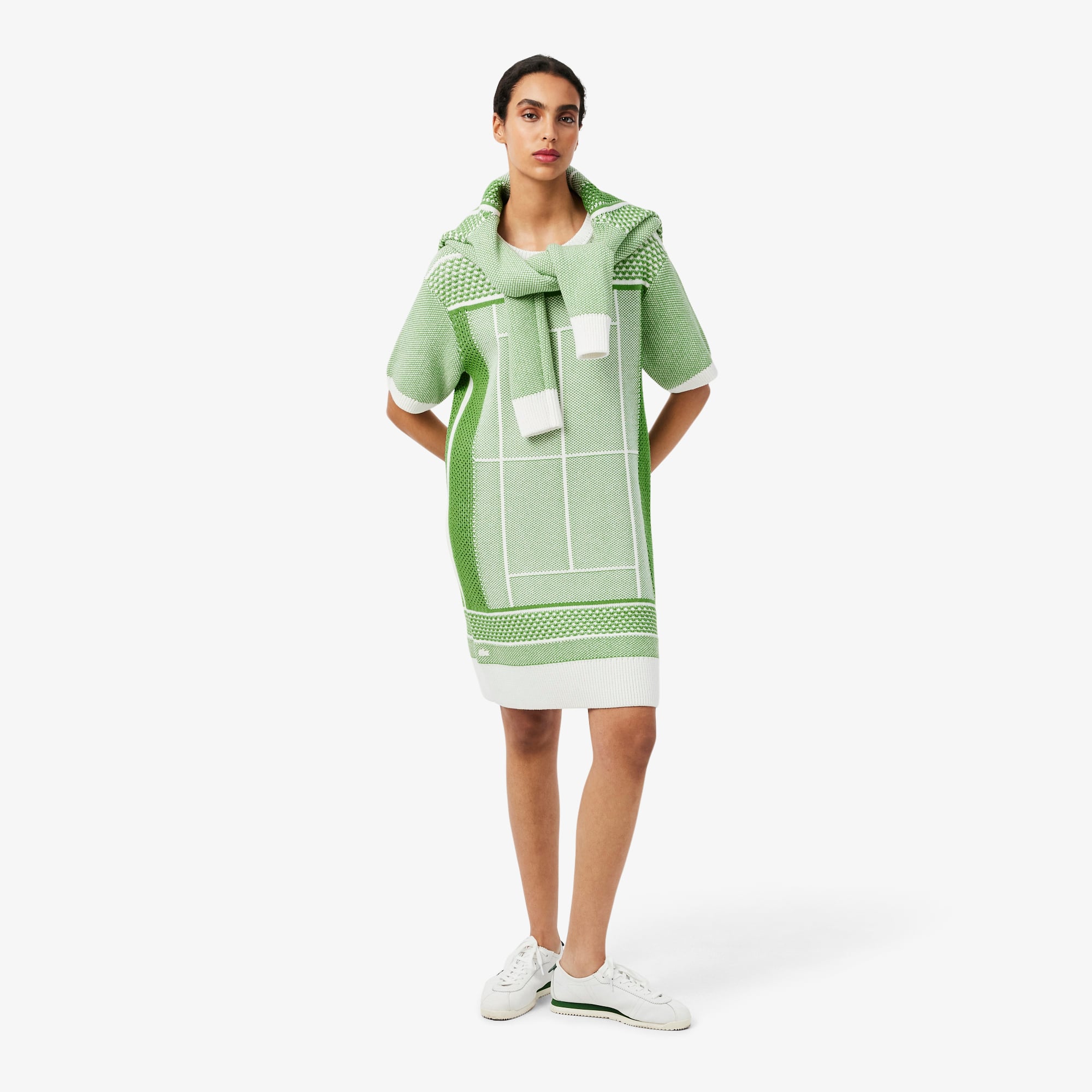 Lacoste Kadın Classic Fit Kısa Kollu Bisiklet Yaka Desenli Yeşil Elbise görsel 4