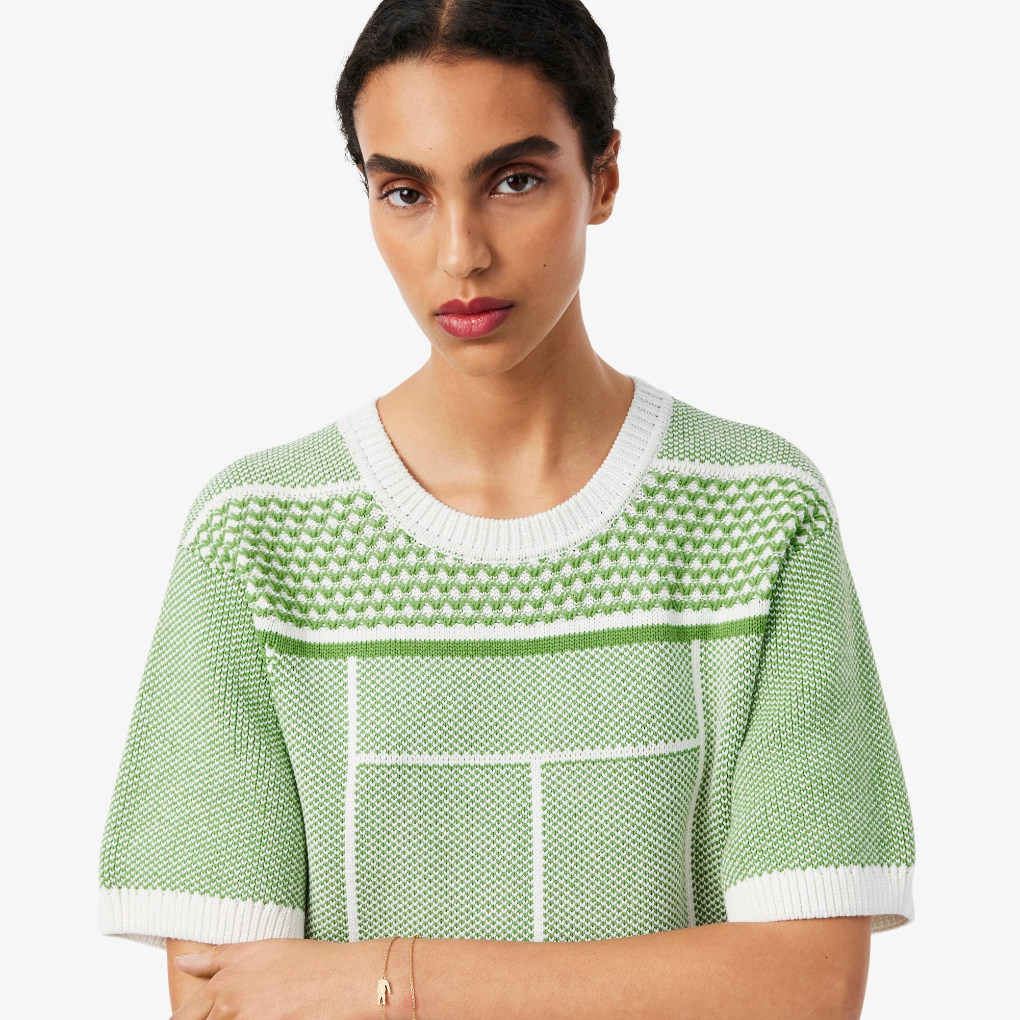 Lacoste Kadın Classic Fit Kısa Kollu Bisiklet Yaka Desenli Yeşil Elbise görsel 2