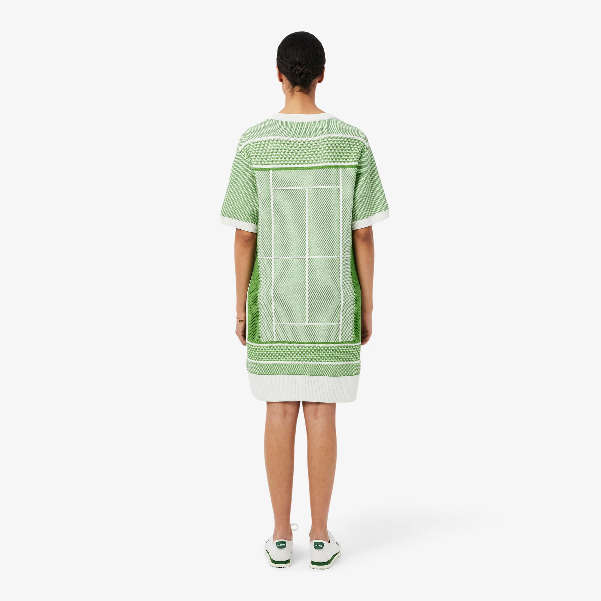 Lacoste Kadın Classic Fit Kısa Kollu Bisiklet Yaka Desenli Yeşil Elbise görsel 3