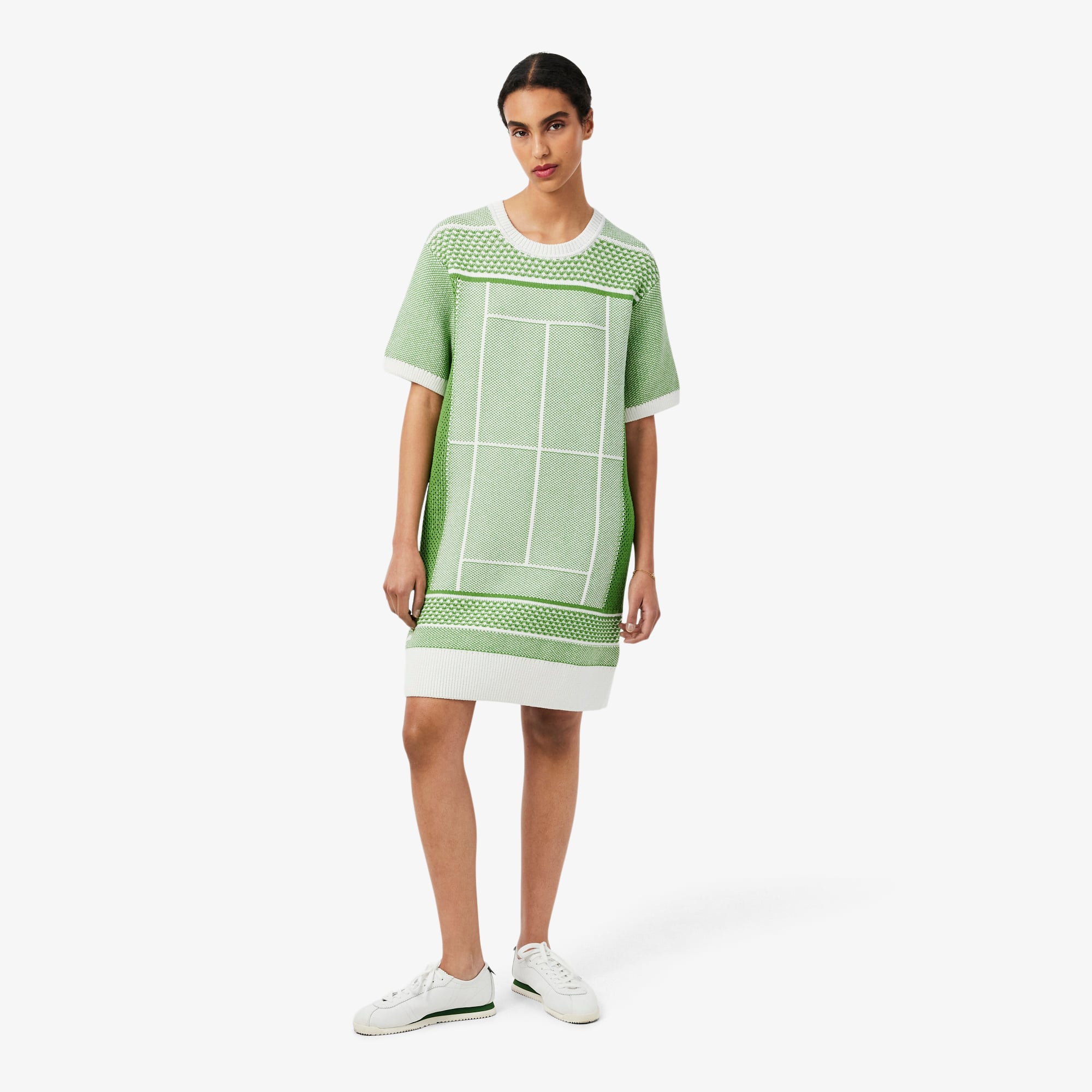 Lacoste Kadın Classic Fit Kısa Kollu Bisiklet Yaka Desenli Yeşil Elbise