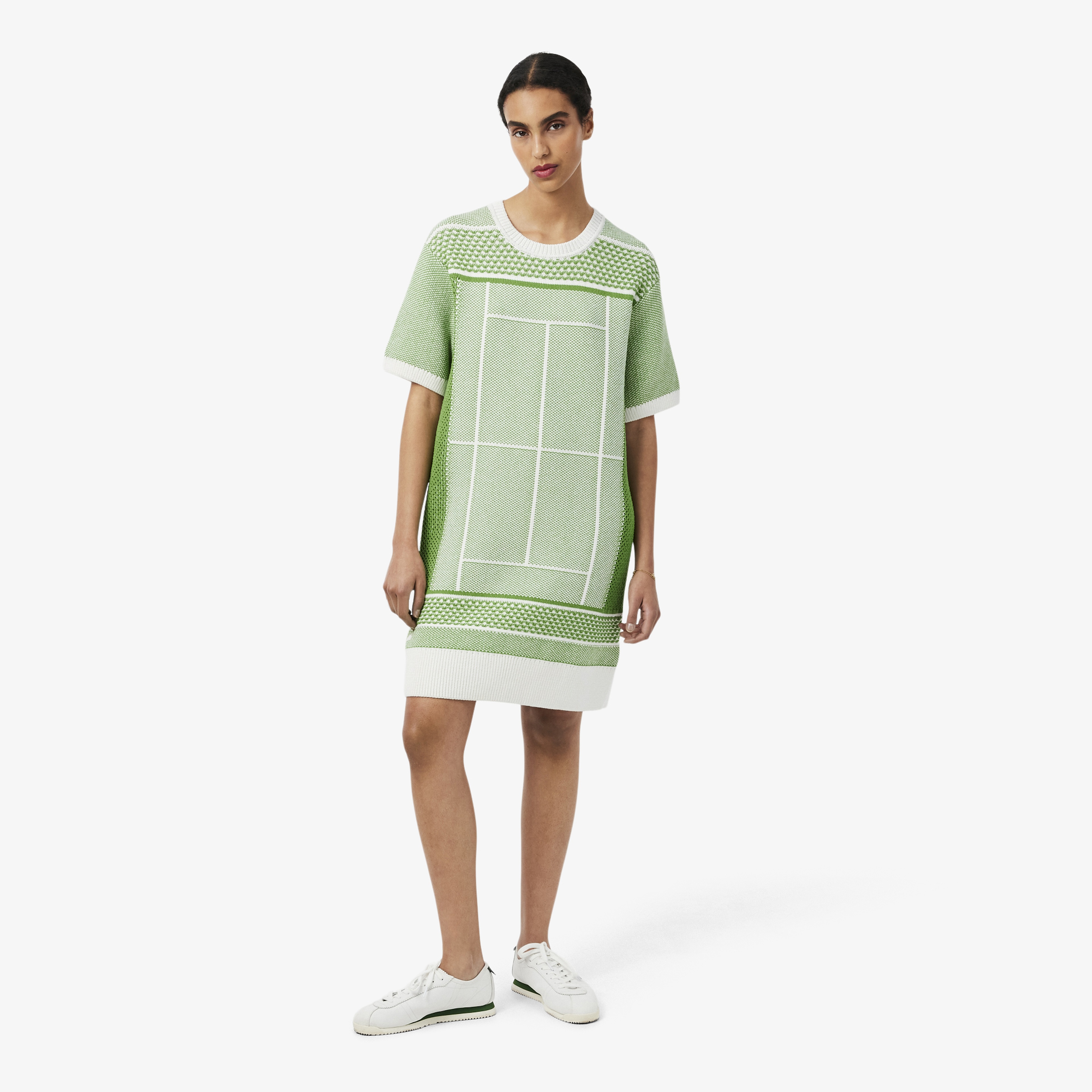 Kadın Classic Fit Kısa Kollu Bisiklet Yaka Desenli Yeşil Elbise